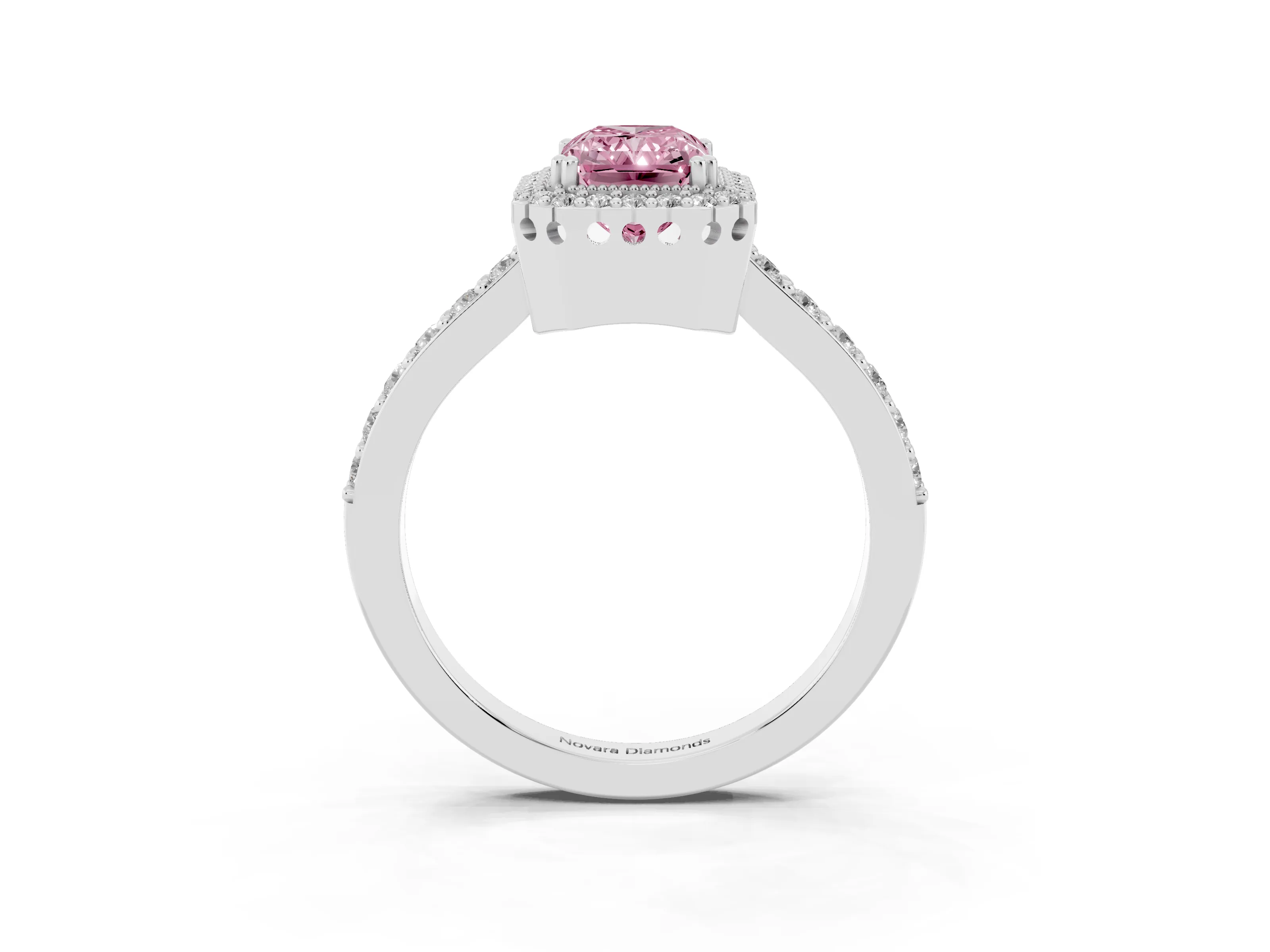 Fancy Pink Radiant Cut Diamond Halo Engagement Ring Set in White gold with Milgrain Detail and Pavé Band
