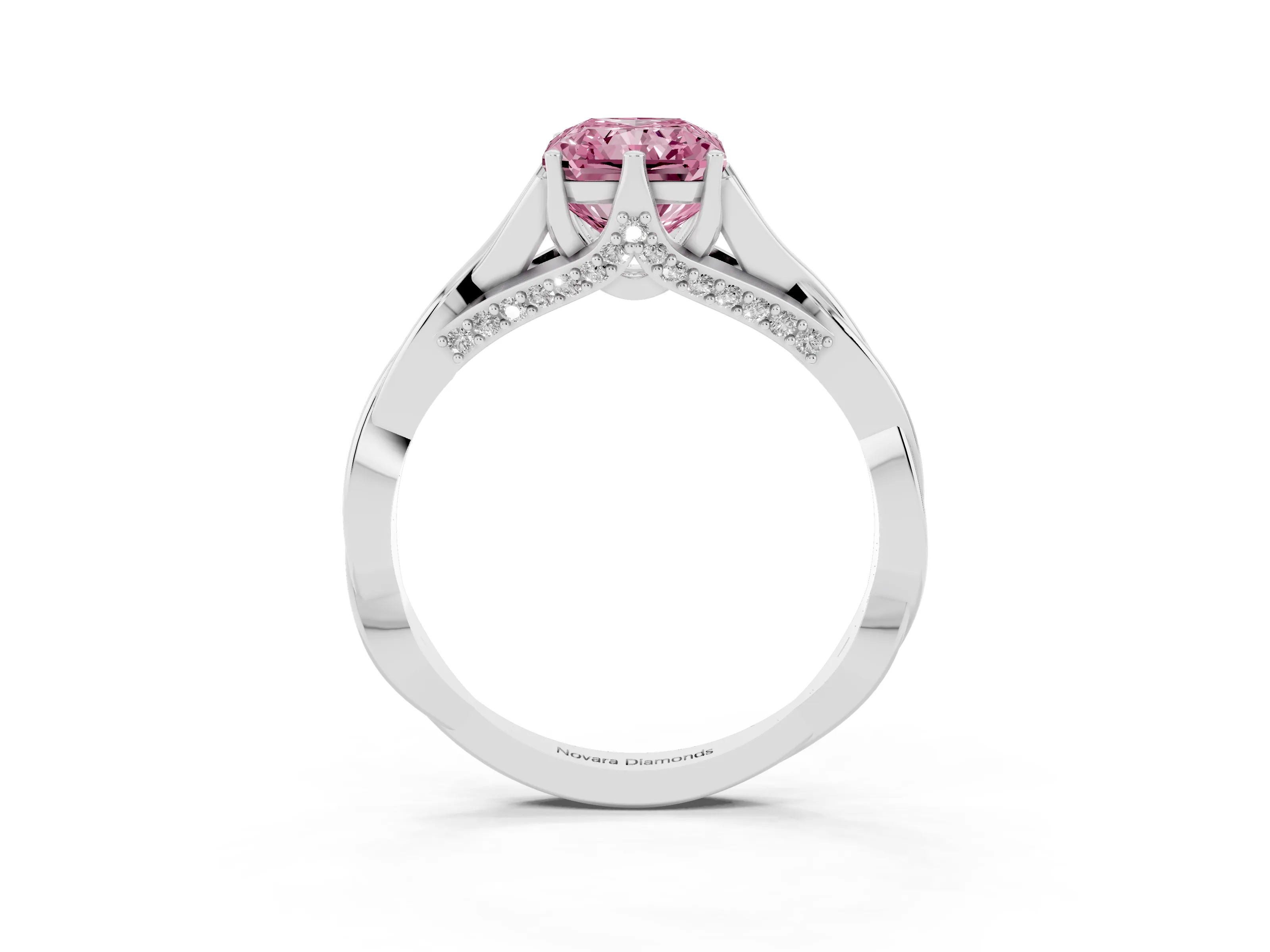 Fancy Pink Radiant Cut Diamond Intertwined Twist Band Solitaire Ring Set in White gold with Prong Setting