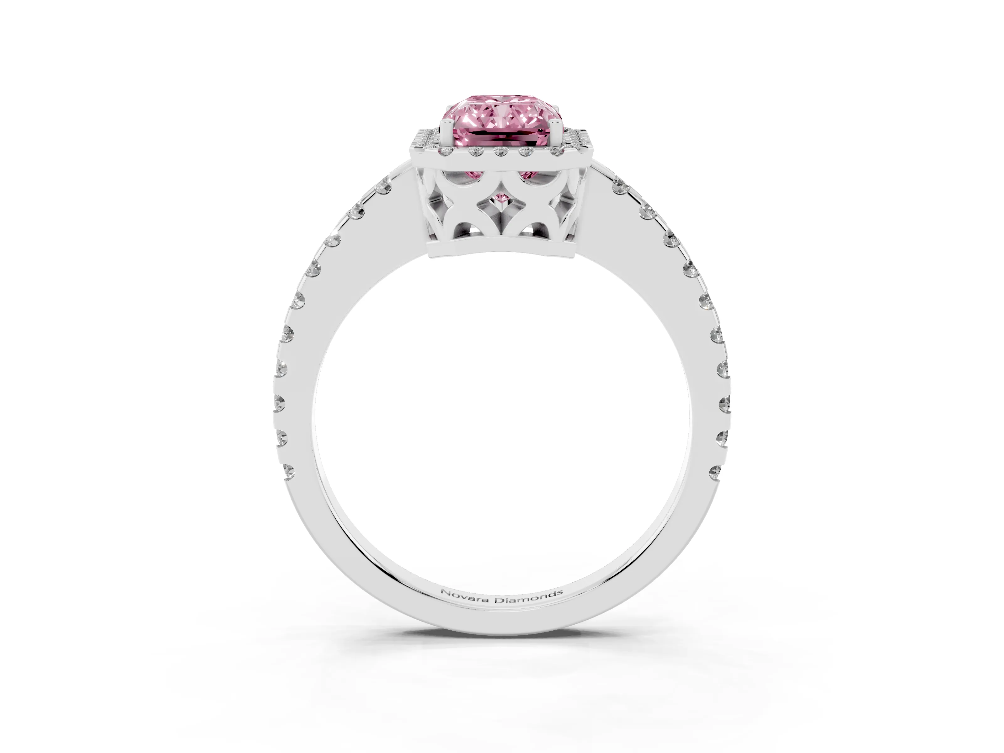 Fancy Pink Radiant Cut Diamond Halo Ring Set in Platinum with Pavé Shoulders and Halo-Framed Center