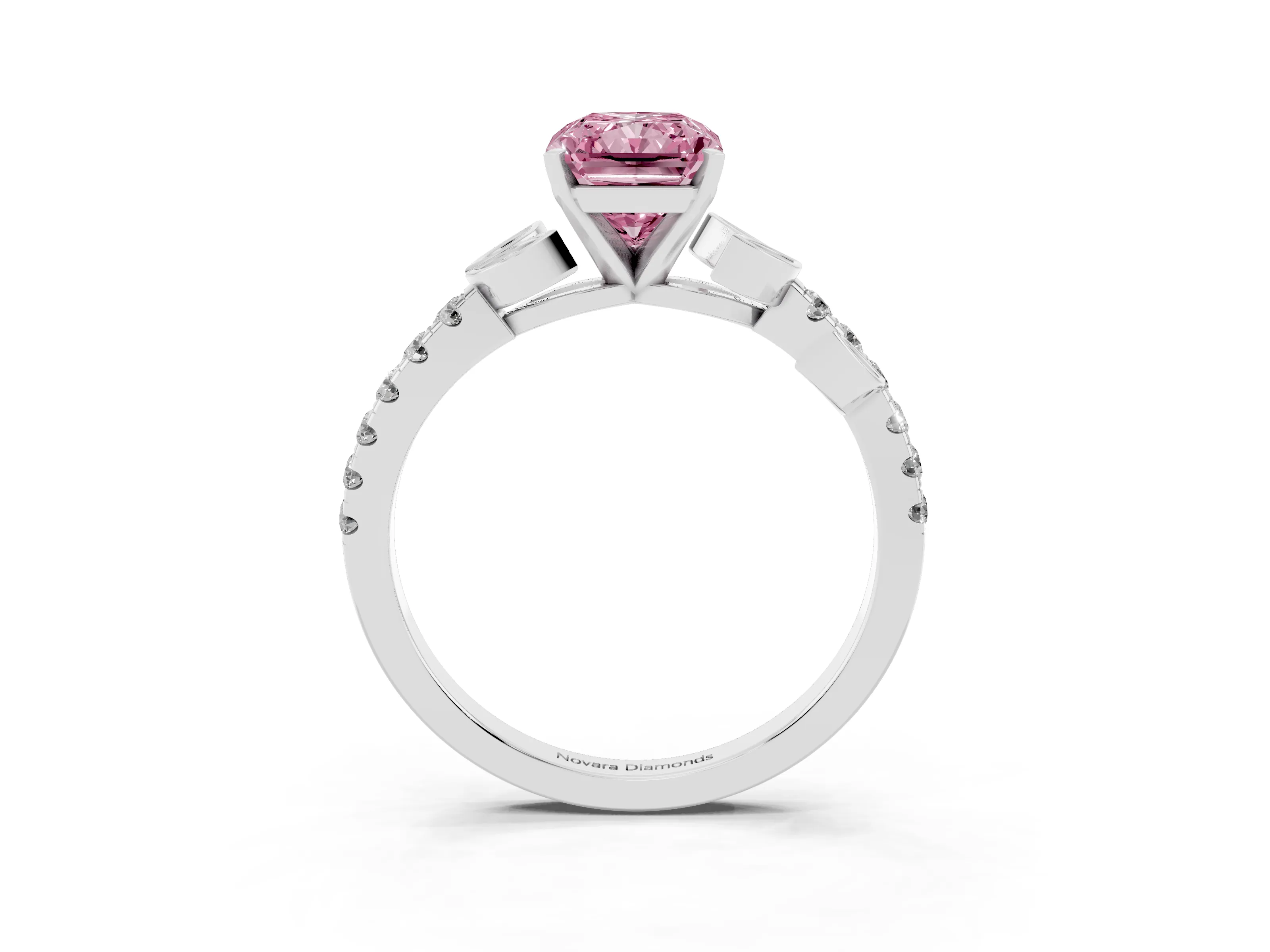 Fancy Pink Radiant Cut Diamond Solitaire Leaf-Inspired Ring Set in Platinum with Pavé Band and Prong Setting