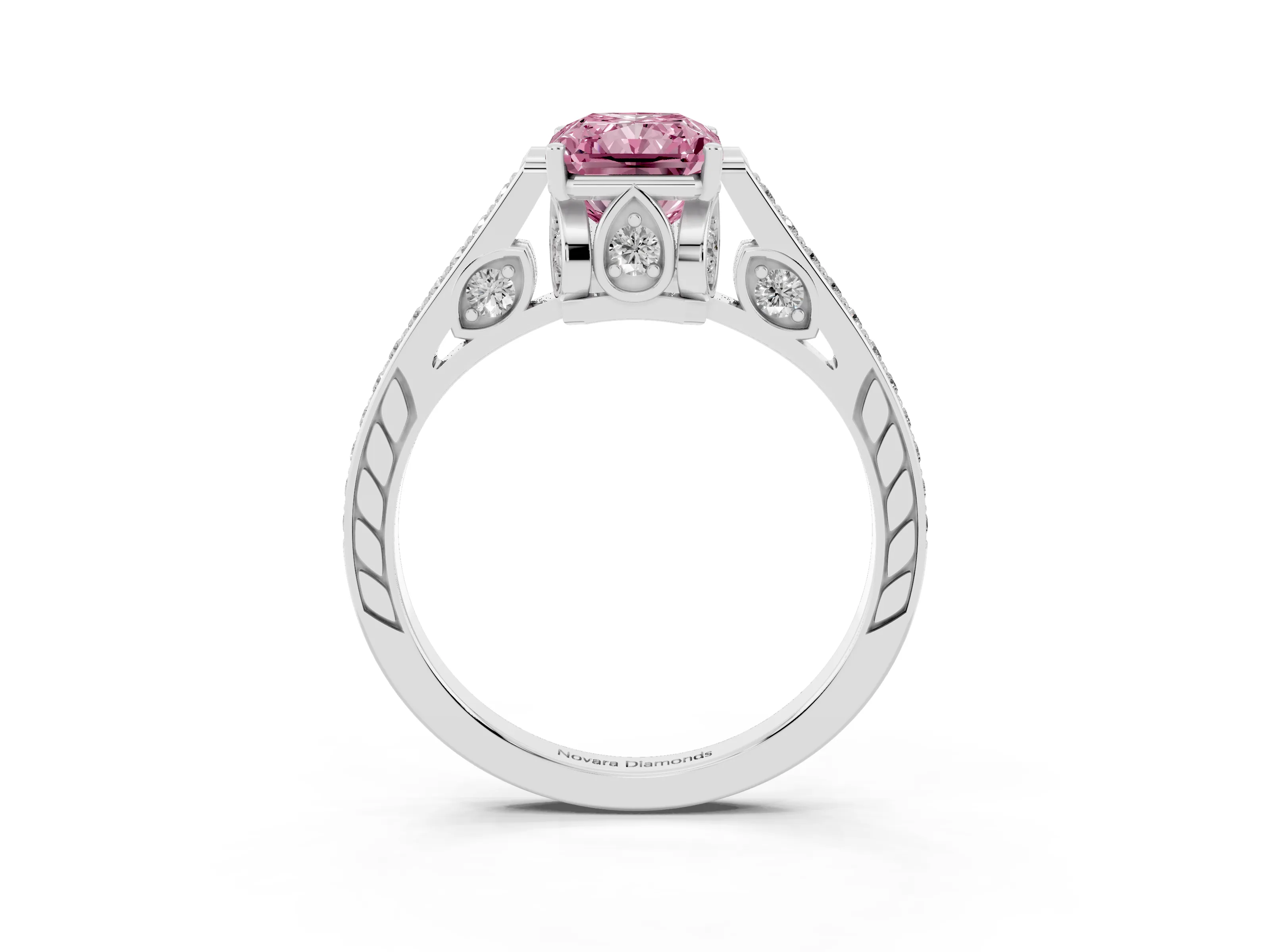 Fancy Pink Radiant Cut Diamond Cathedral Pavé Engagement Ring Set in White gold with Prong Setting
