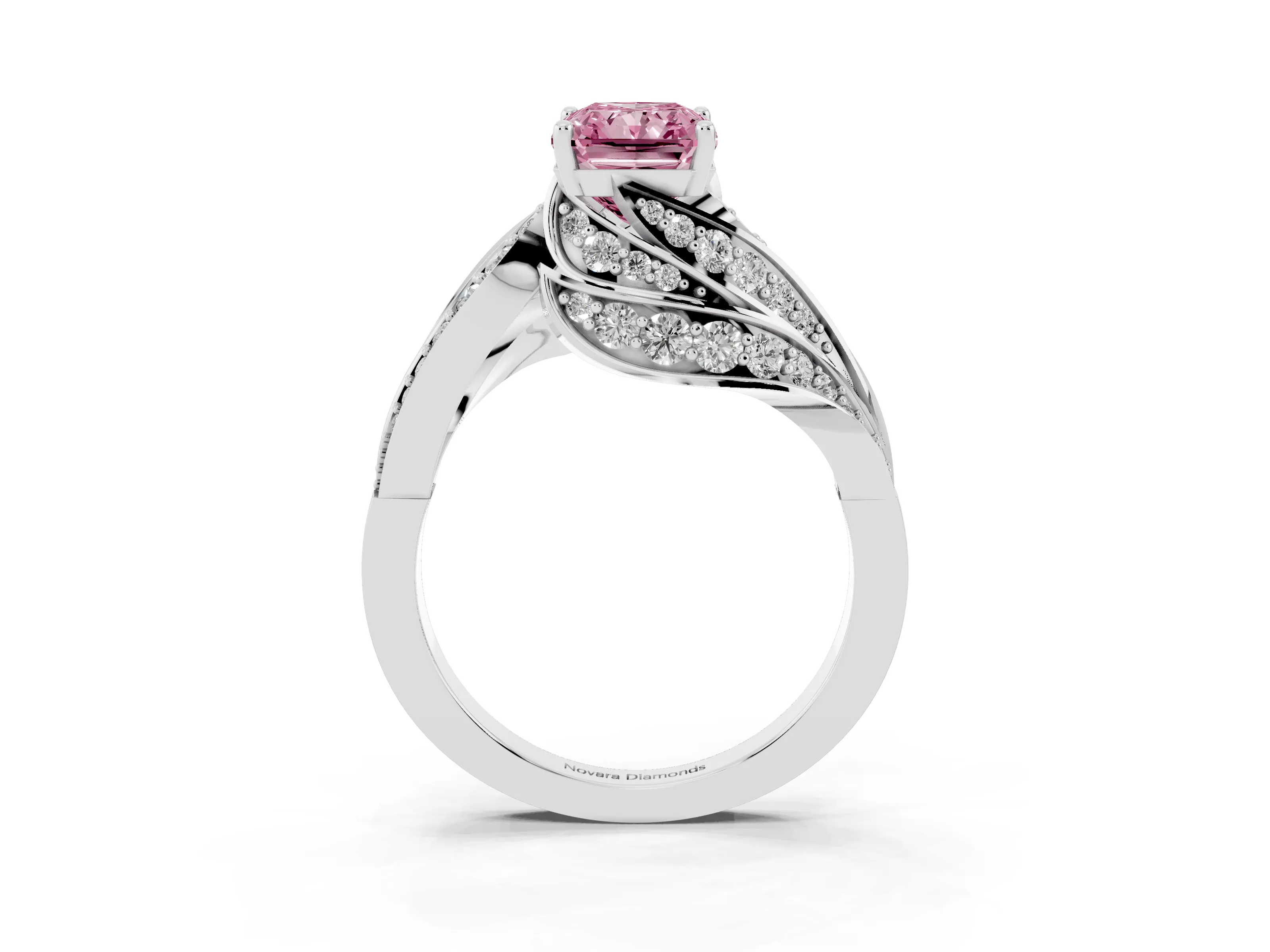 Fancy Pink Radiant Cut Diamond Solitaire Ring Set in Silver with Layered Twist Pavé Band