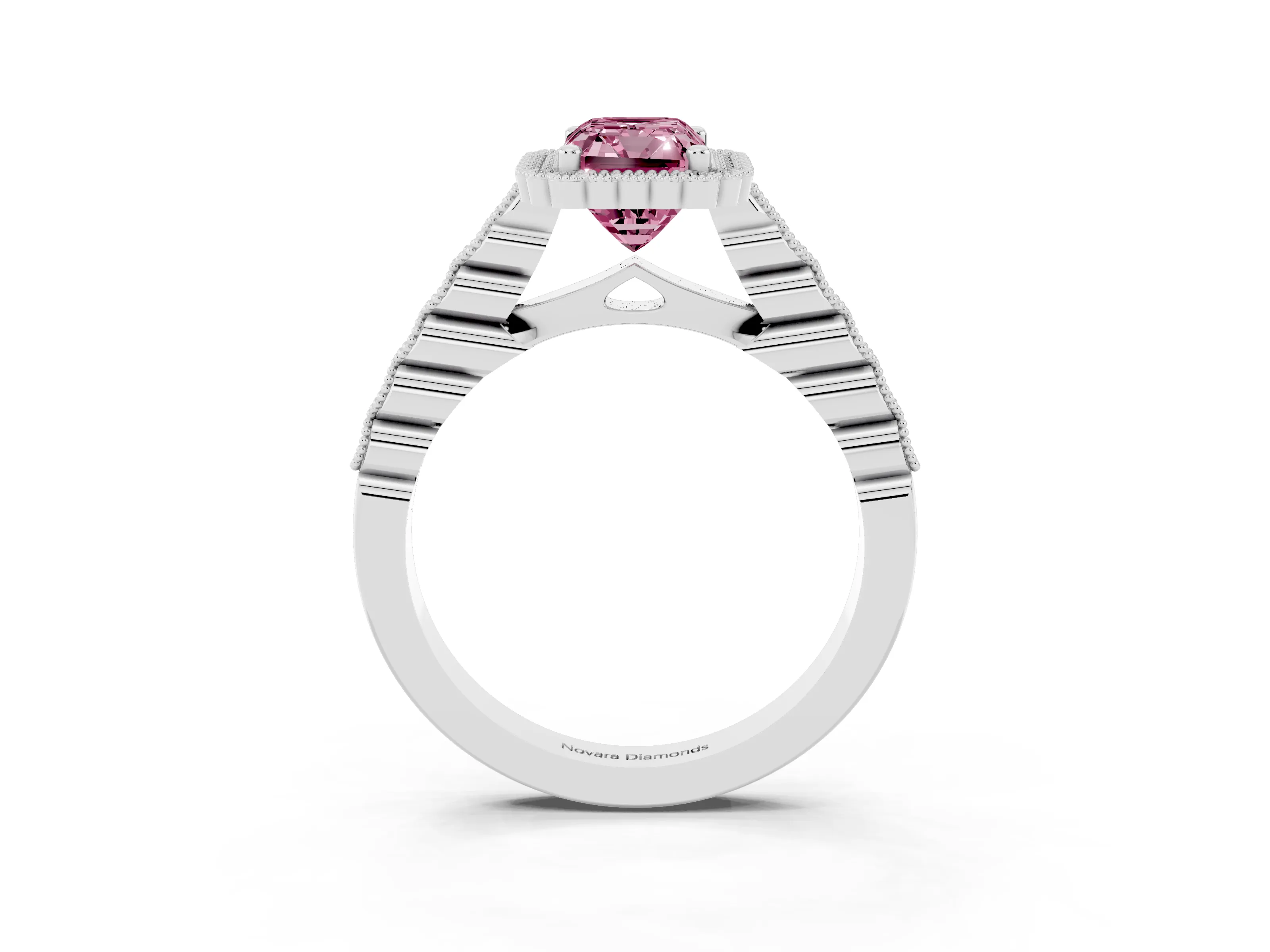 Fancy Pink Radiant Cut Diamond Halo Ring Set in Silver with Pavé Milgrain Band