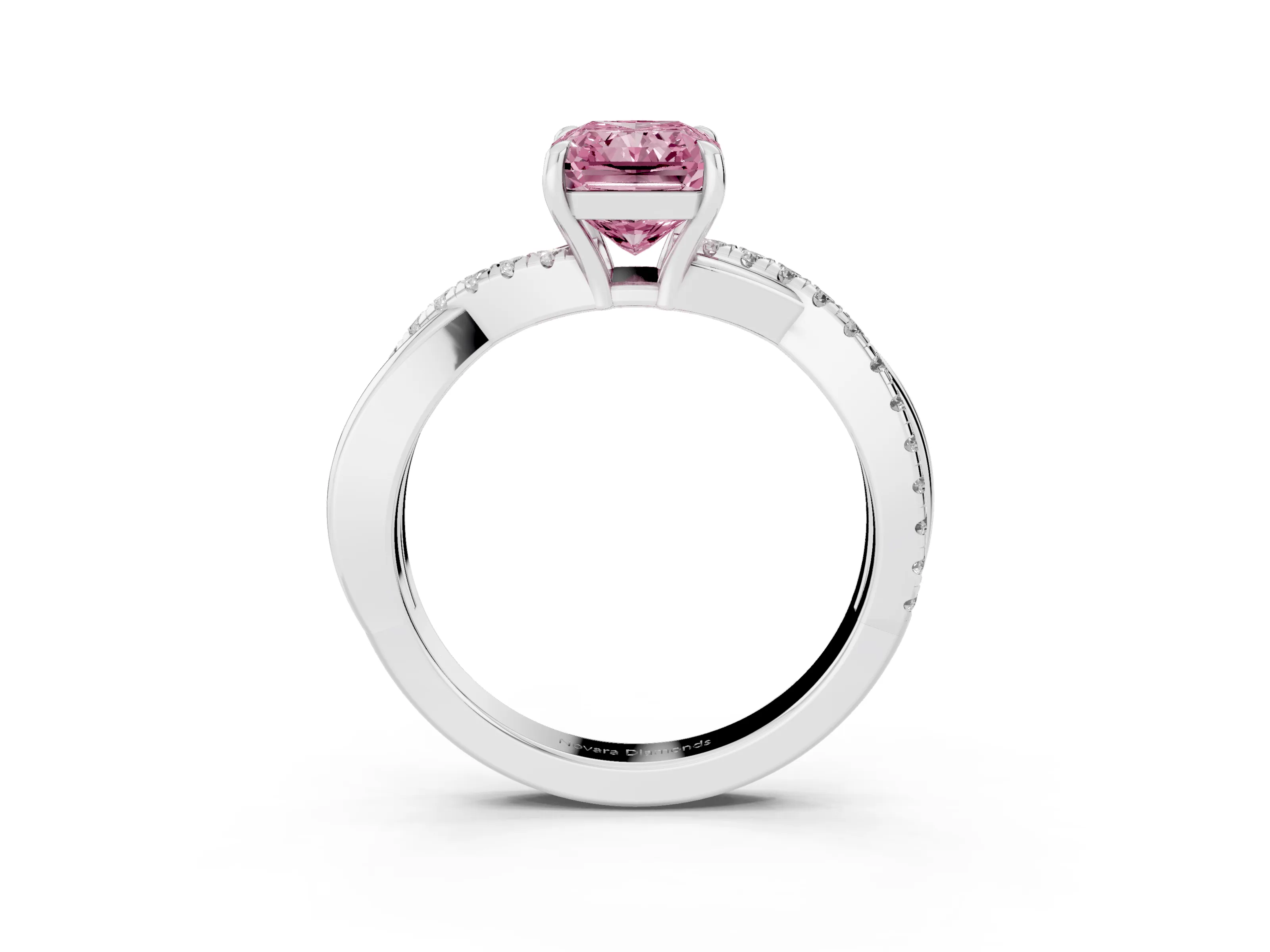 Fancy Pink Radiant Cut Diamond Twisted Pavé Band Ring Set in Silver with Prong Setting