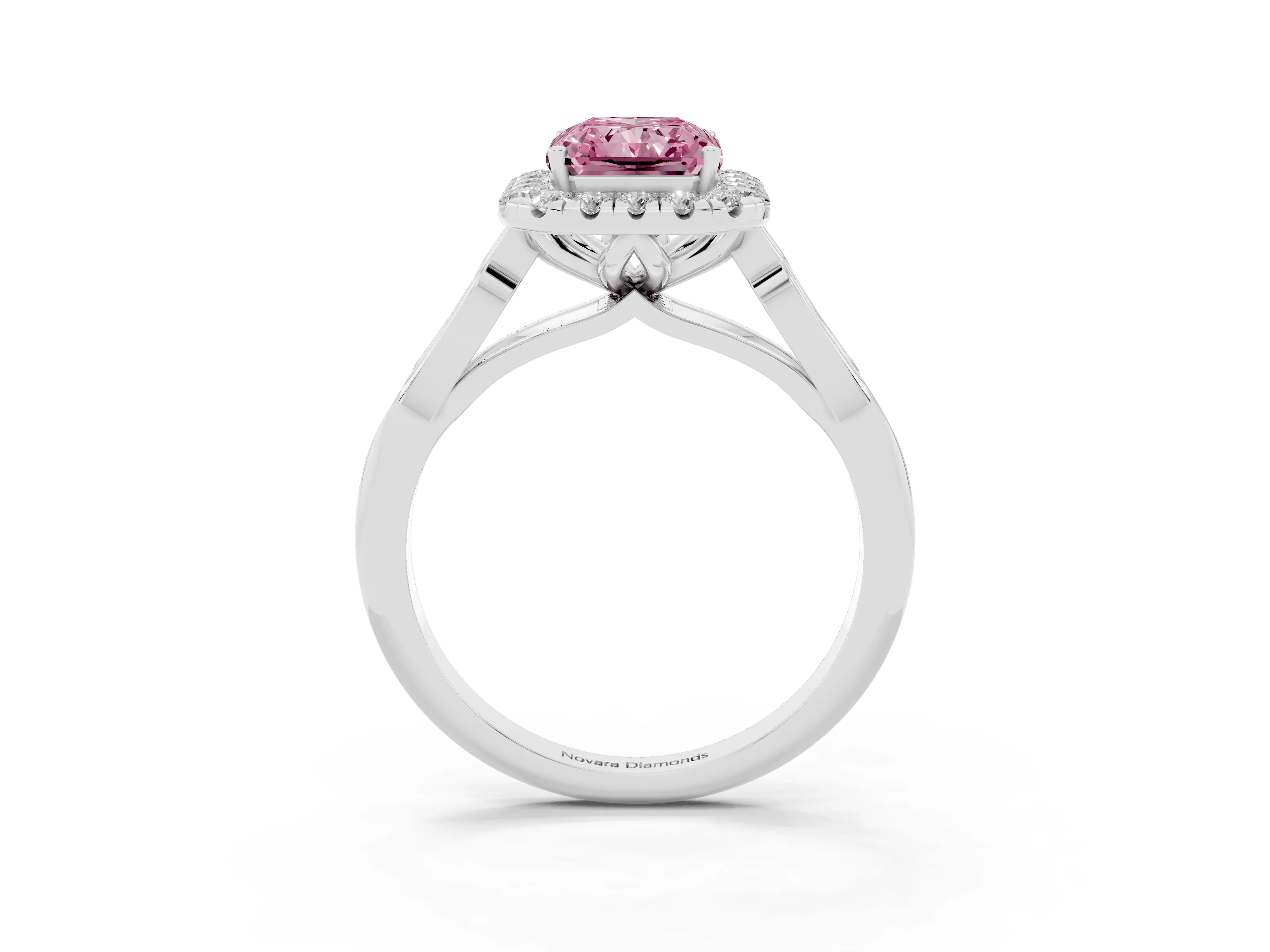 Fancy Pink Radiant Cut Diamond Halo Engagement Ring Set in Silver with Filigree Band and Prong-Set Center