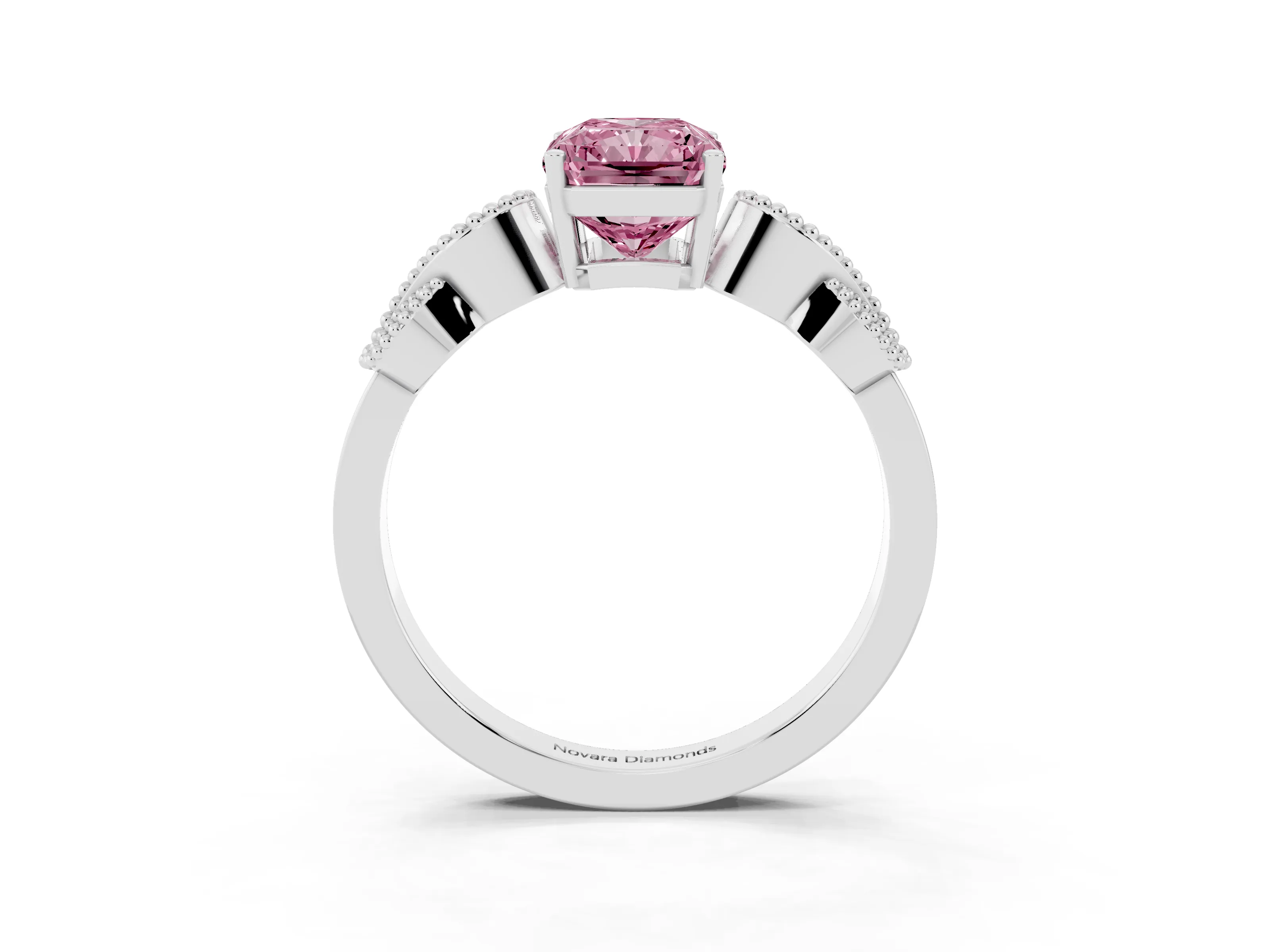 Fancy Pink Radiant Cut Diamond Milgrain Leaf Band Solitaire Ring Set in Platinum with Accent Stones and Prong Setting
