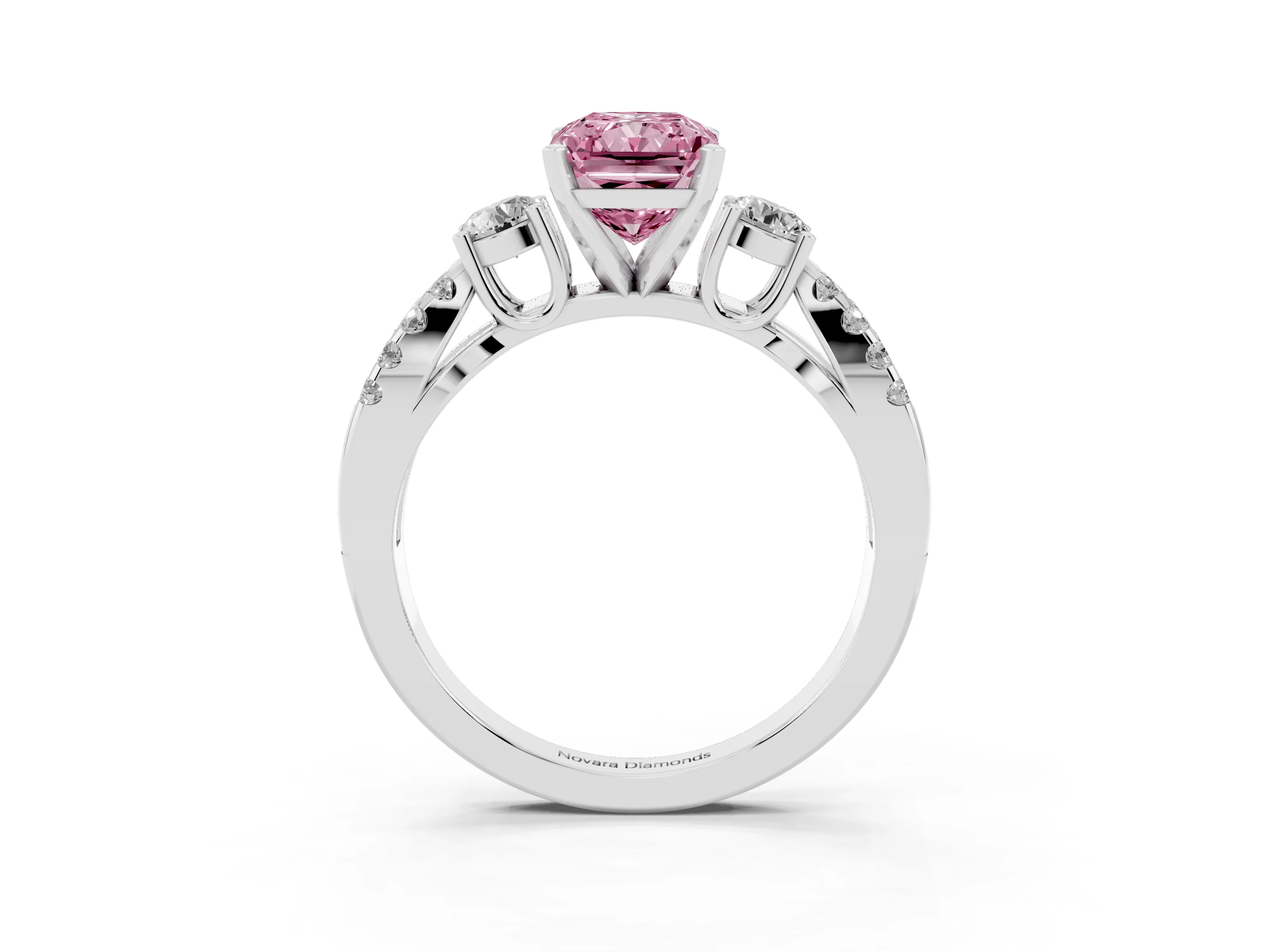 Fancy Pink Radiant Cut Diamond Three-Stone Ring Set in Platinum with Pavé Split Shank and Prong Setting
