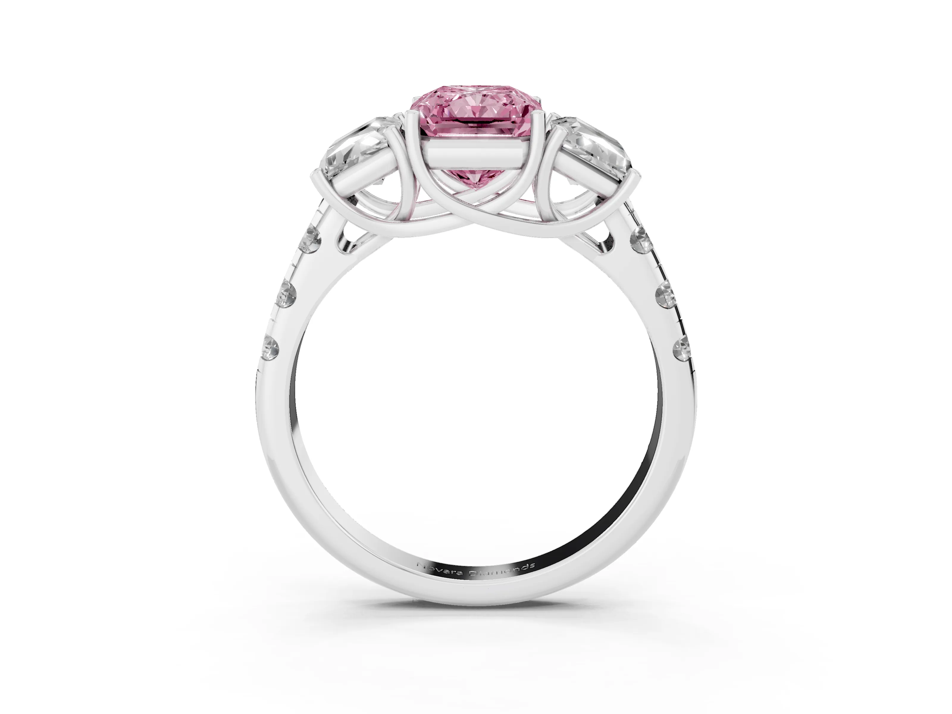 Fancy Pink Radiant Cut Diamond Three-Stone Ring Set in Platinum with Pavé Band