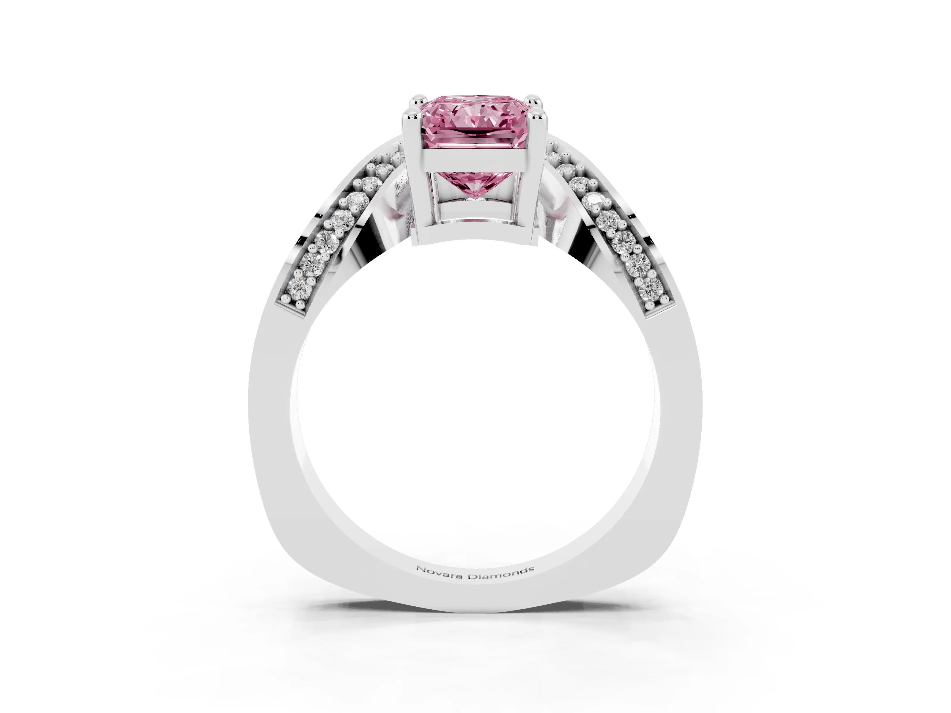 Fancy Pink Radiant Cut Diamond Solitaire Engagement Ring Set in Silver with Pavé Shoulders