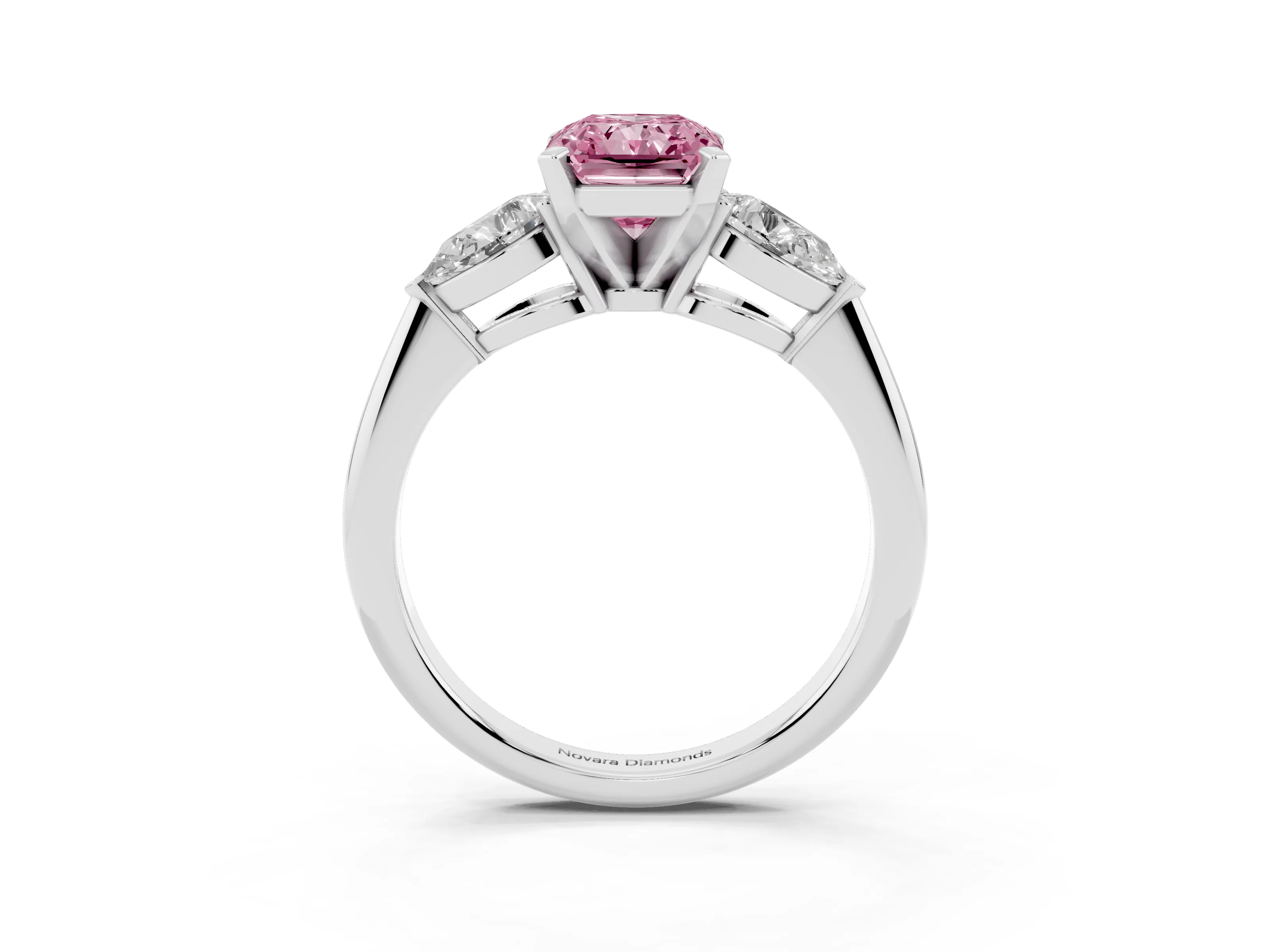 Fancy Pink Three-Stone Radiant Cut Diamond Ring Set in Silver with Pear Side Stones and Prong Setting