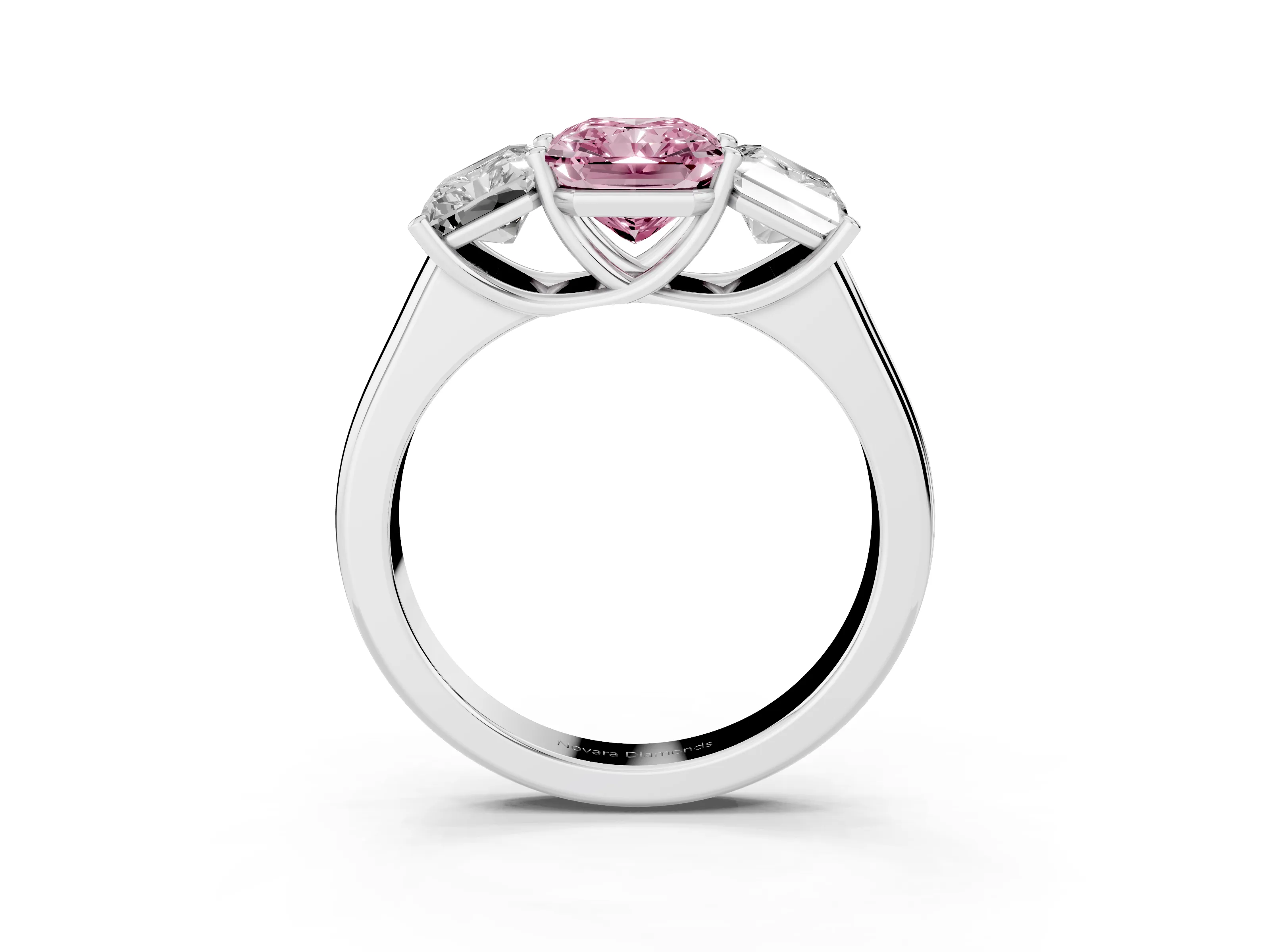 Fancy Pink Radiant Cut Diamond Three-Stone Ring Set in White gold with Plain Polished Band