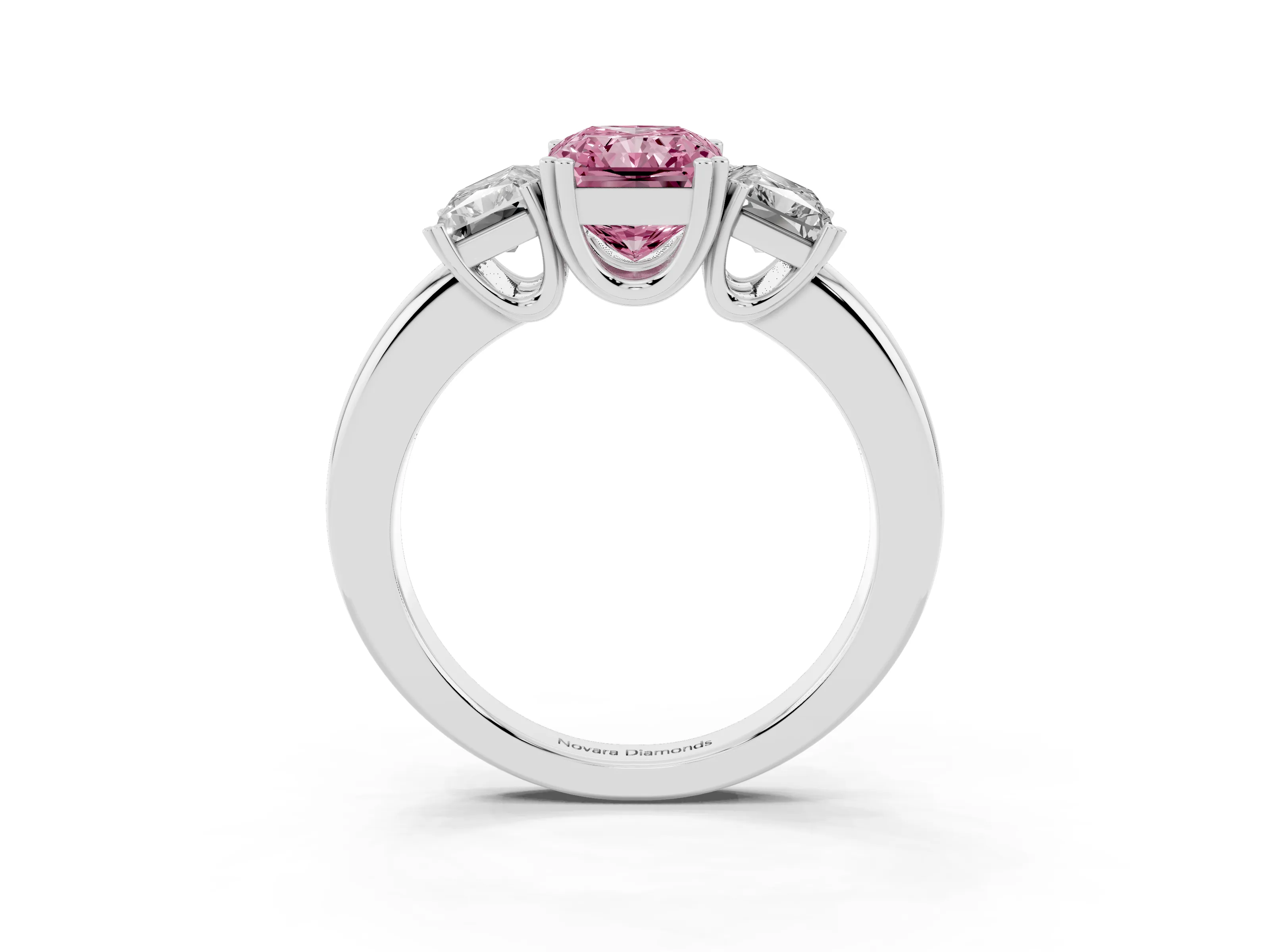 Fancy Pink Radiant Cut Diamond Three-Stone Ring Set in White gold with Polished Channel-Set Band