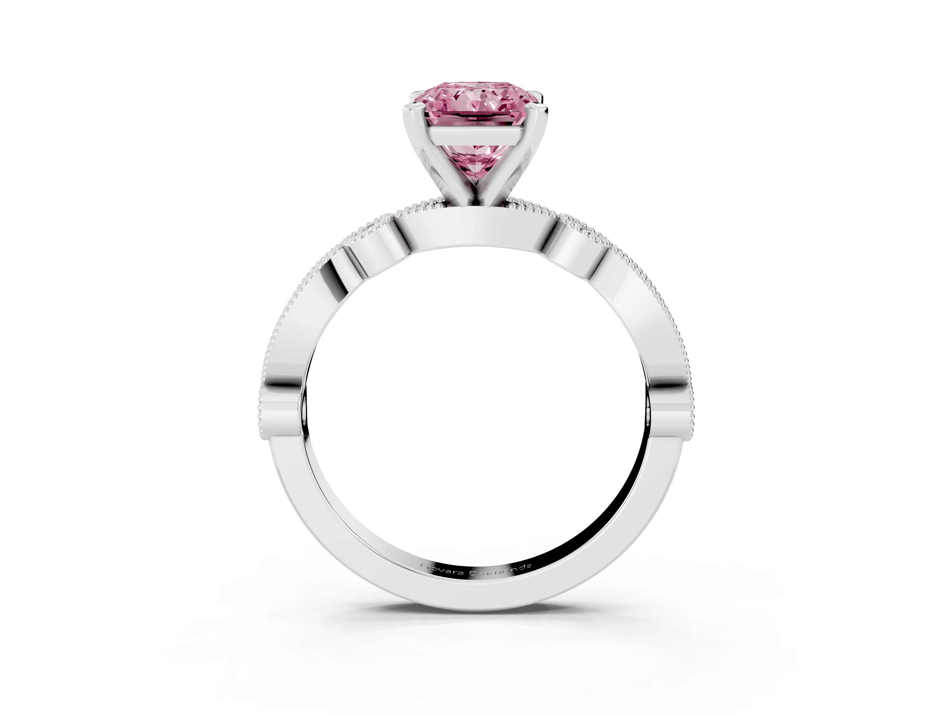 Fancy Pink Radiant Cut Diamond Solitaire Engagement Ring Set in White gold with Milgrain Bezel Accent Band