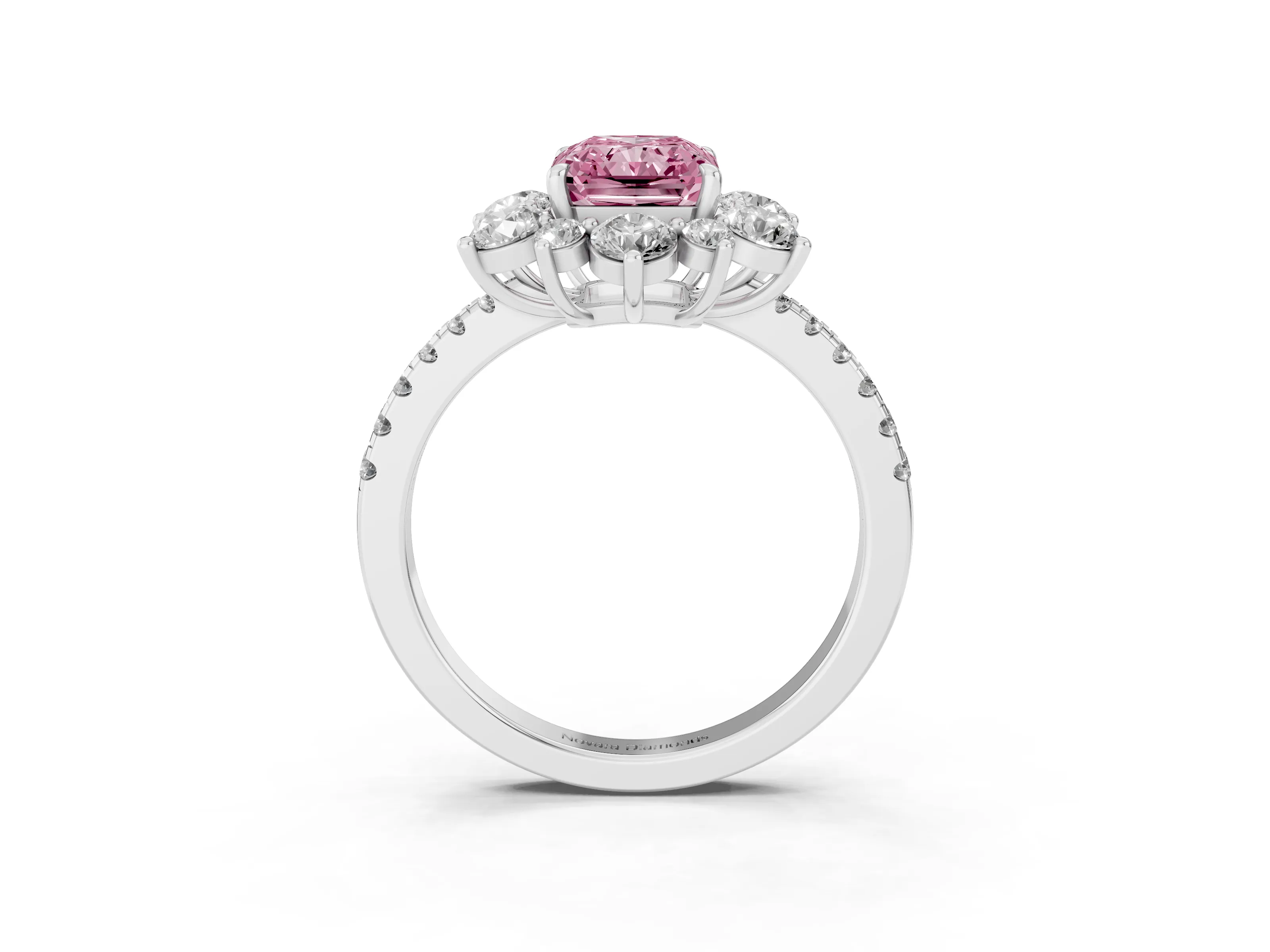 Fancy Pink Radiant Cut Diamond Floral Halo Ring Set in Silver with Round Pavé Band and Prong Setting