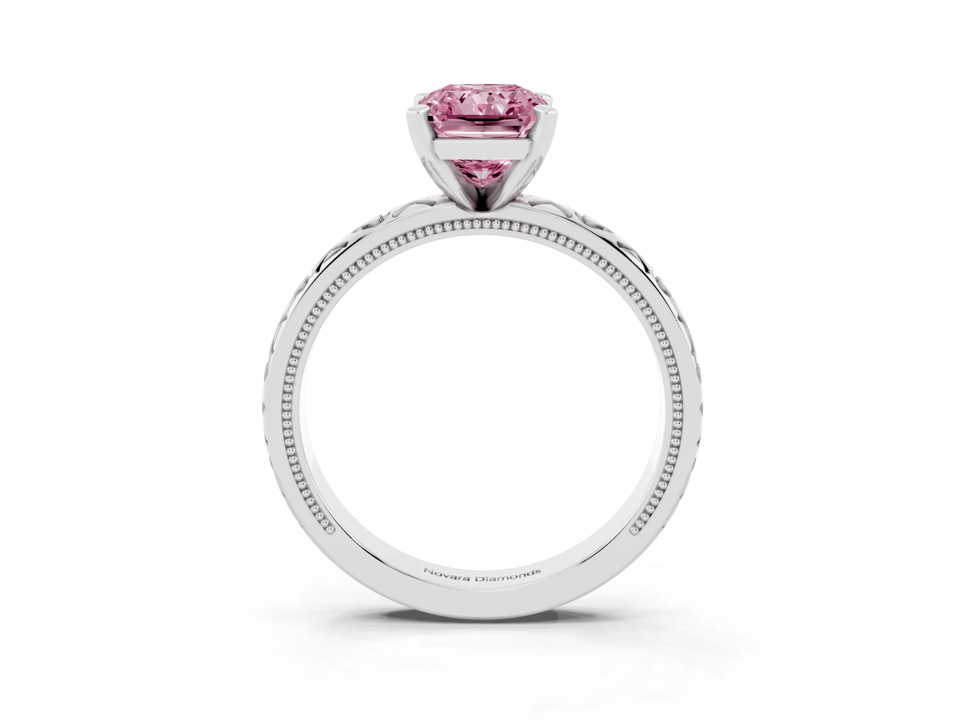 Fancy Pink Radiant Cut Diamond Solitaire Engagement Ring Set in White gold with XO Engraved Band and Prong Setting