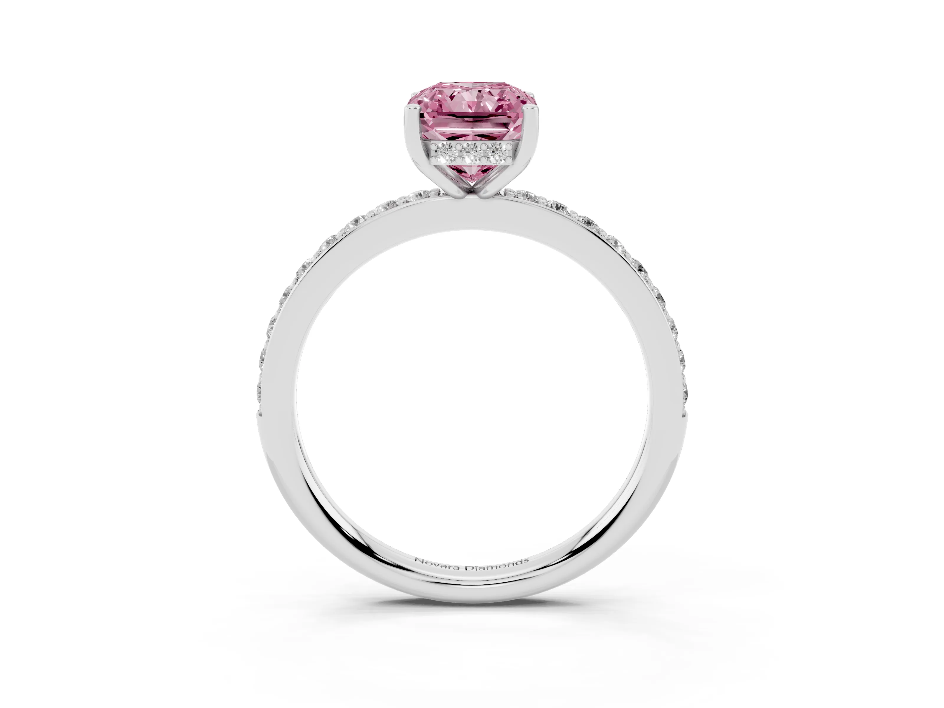 Fancy Pink Radiant Cut Diamond Pavé Band Ring Set in Platinum with Prong-Set Center Stone
