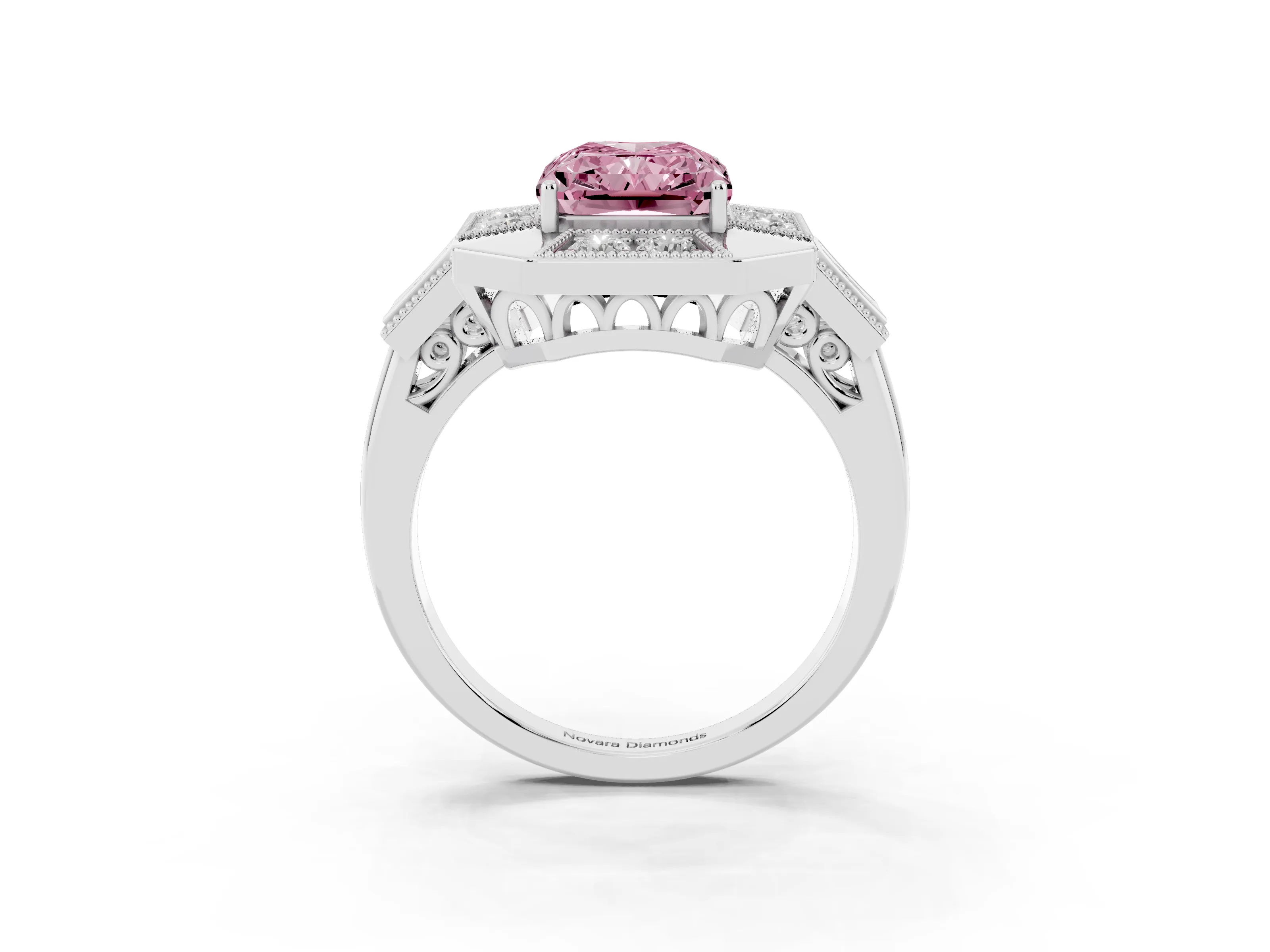 Fancy Pink Radiant Cut Diamond Milgrain Halo Ring Set in Silver with Split Shank