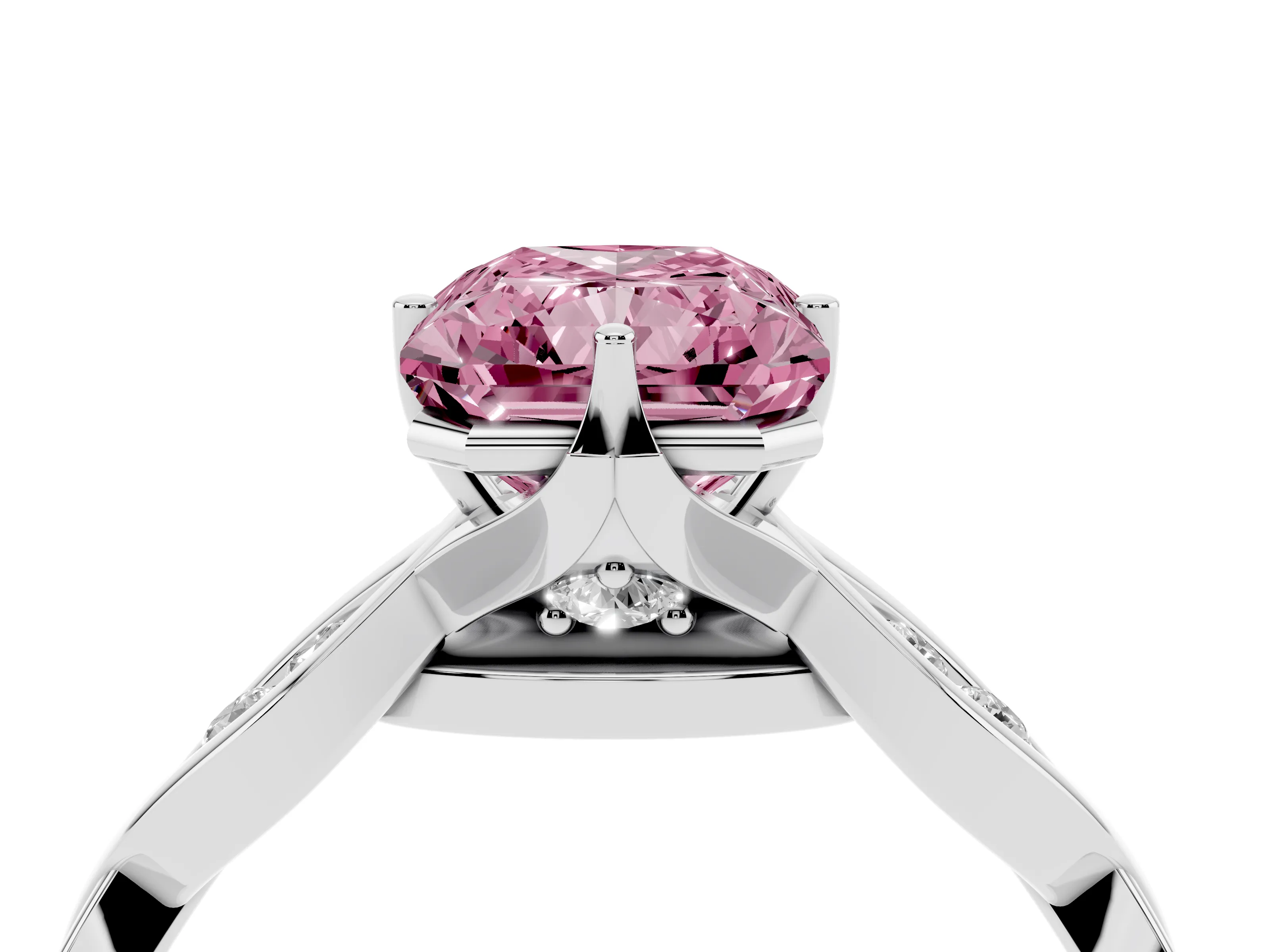 Fancy Pink Radiant Cut Diamond Twist Band Solitaire Ring Set in Platinum with Leaf Prong Setting and Accent Stones