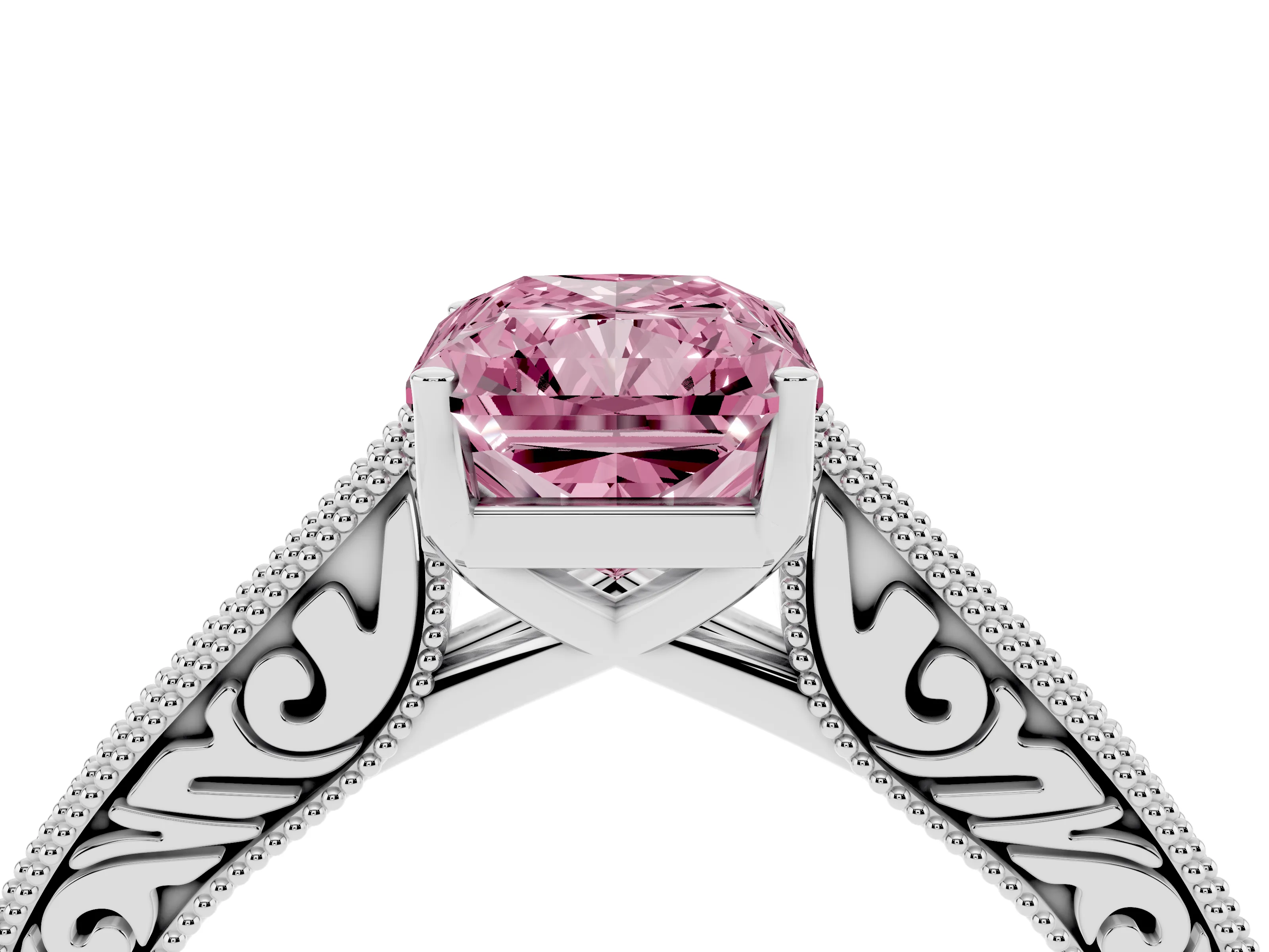 Fancy Pink Radiant Cut Diamond Milgrain Pavé Band Solitaire Ring Set in Platinum with Prong Setting