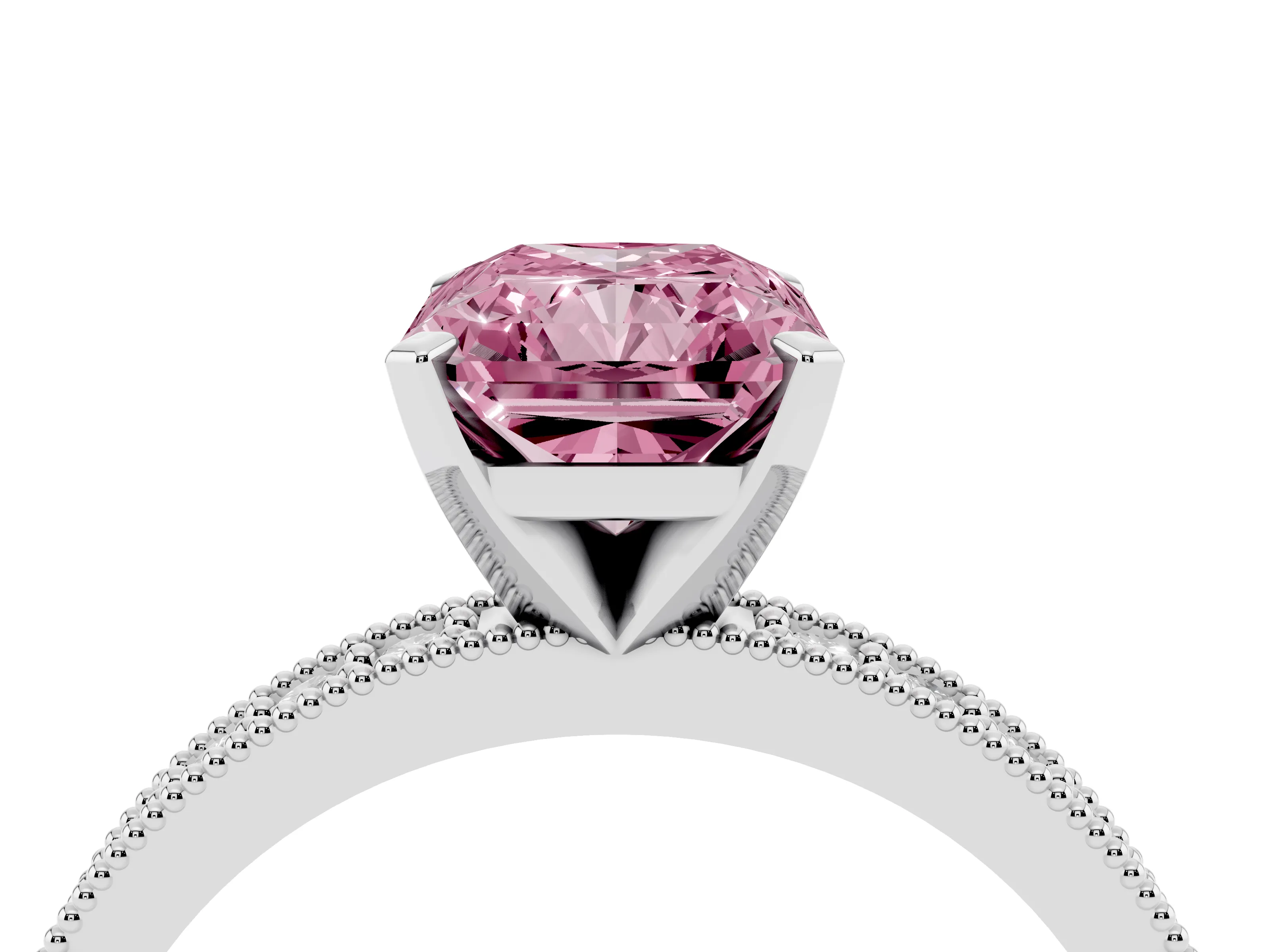 Fancy Pink Radiant Cut Diamond Milgrain Pavé Engagement Ring Set in Silver with Prong Setting