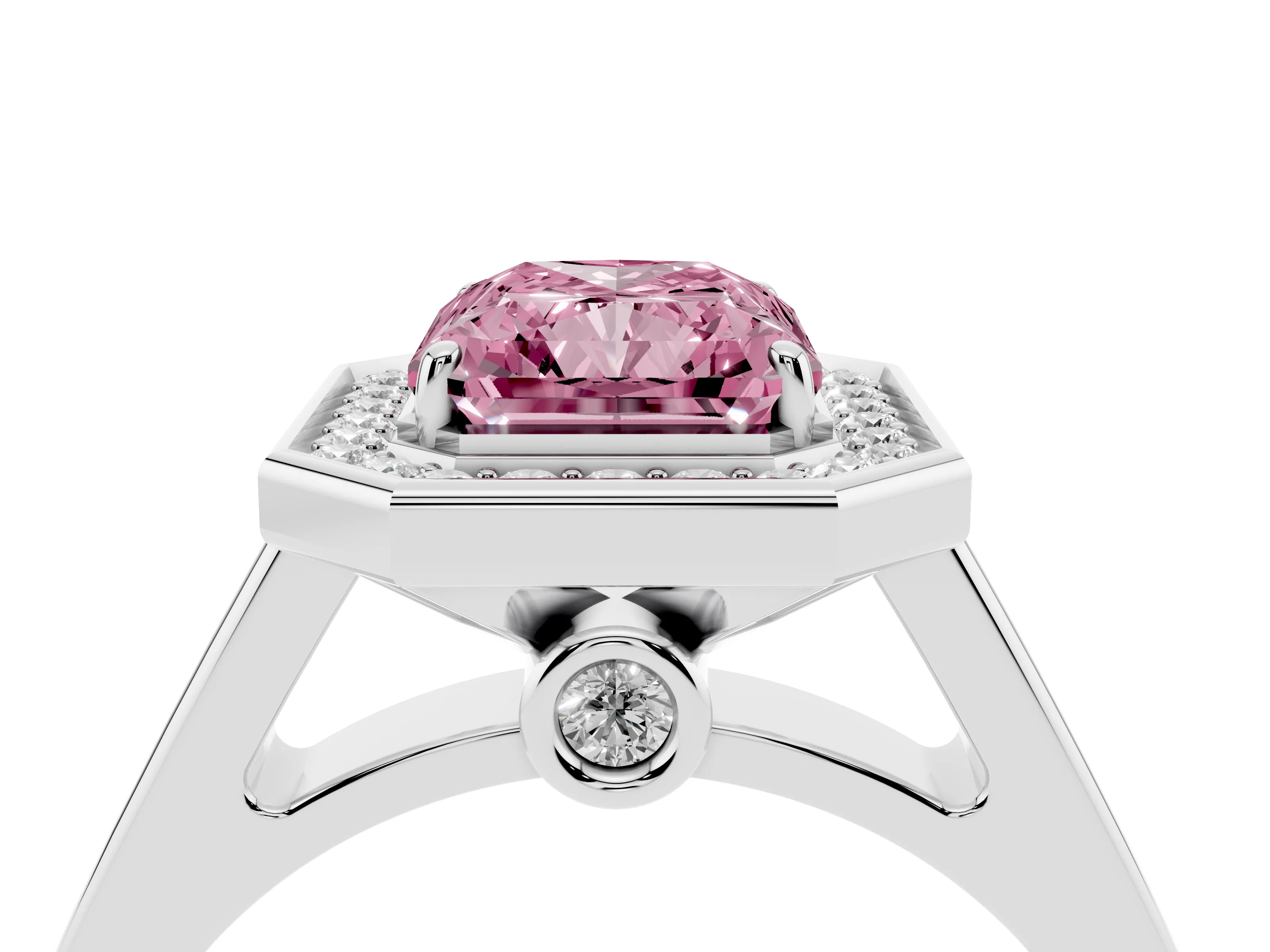 Fancy Pink Radiant Cut Diamond Halo Solitaire Ring Set in White gold with Pavé Band and Bezel Setting