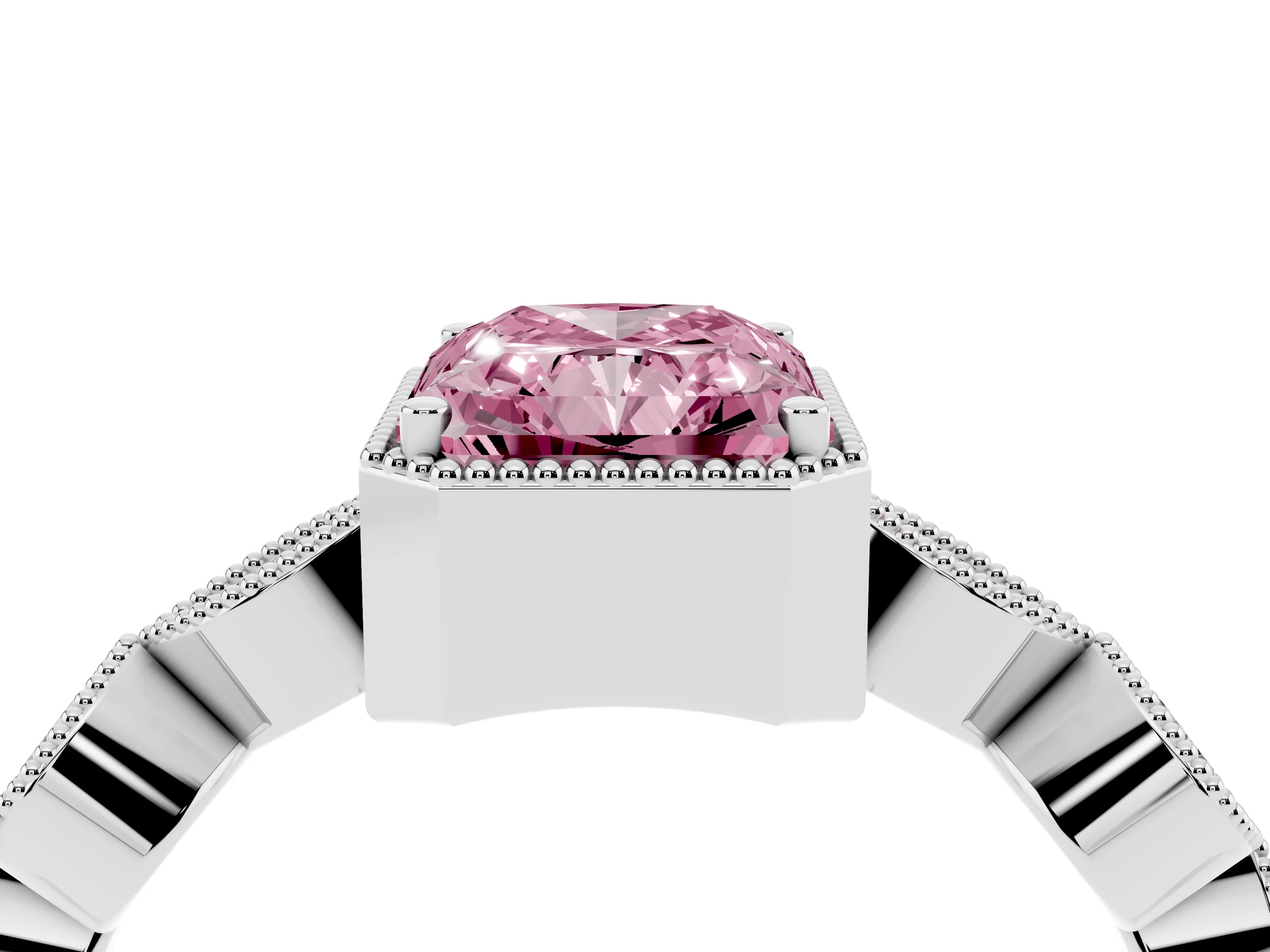 Fancy Pink Radiant Cut Diamond Vintage-Inspired Milgrain Ring Set in Platinum with Marquise Stations of Round Accents