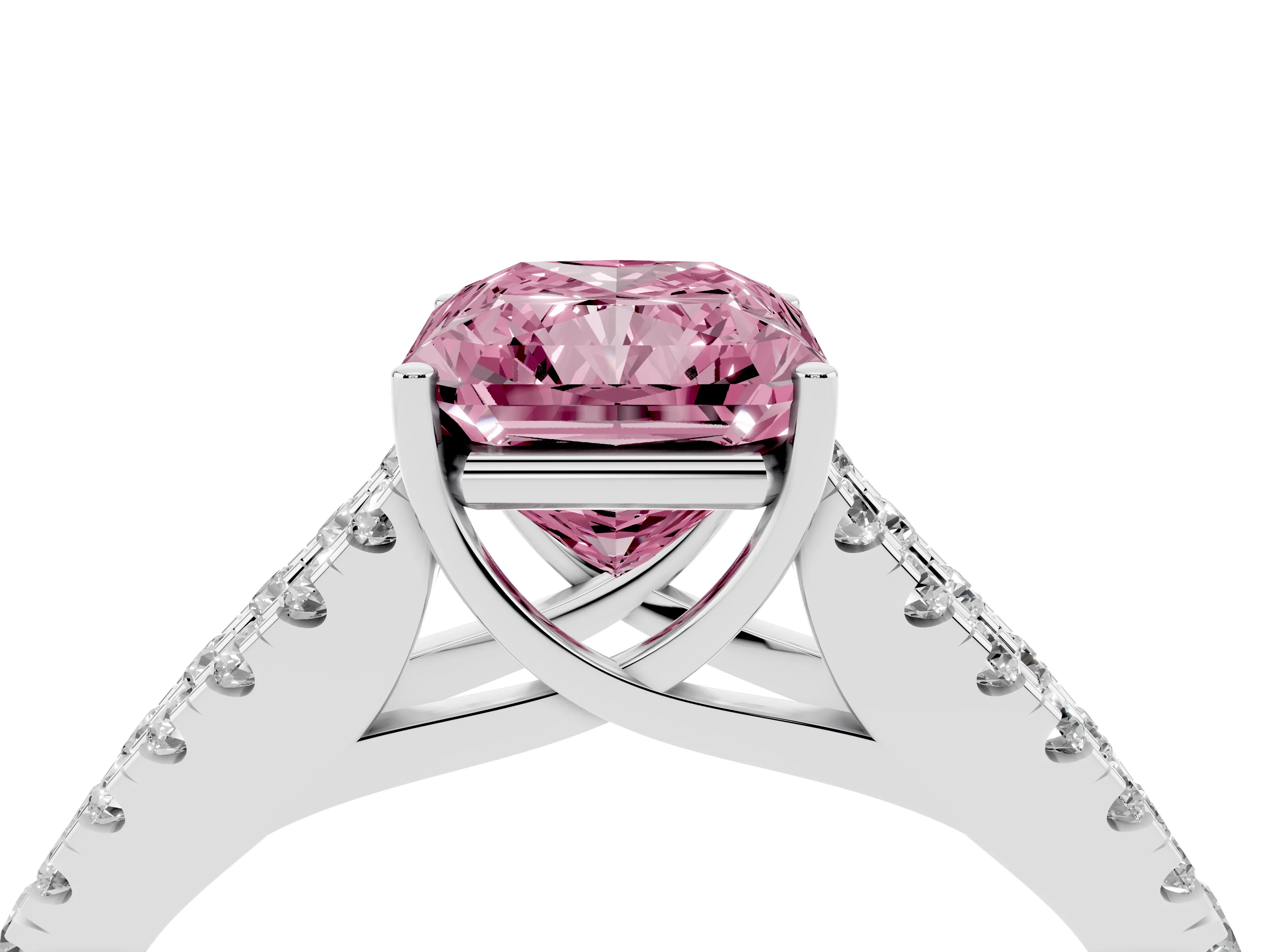 Fancy Pink Radiant Cut Diamond Split Shank Pavé Engagement Ring Set in Platinum with Prong-Held Center Stone