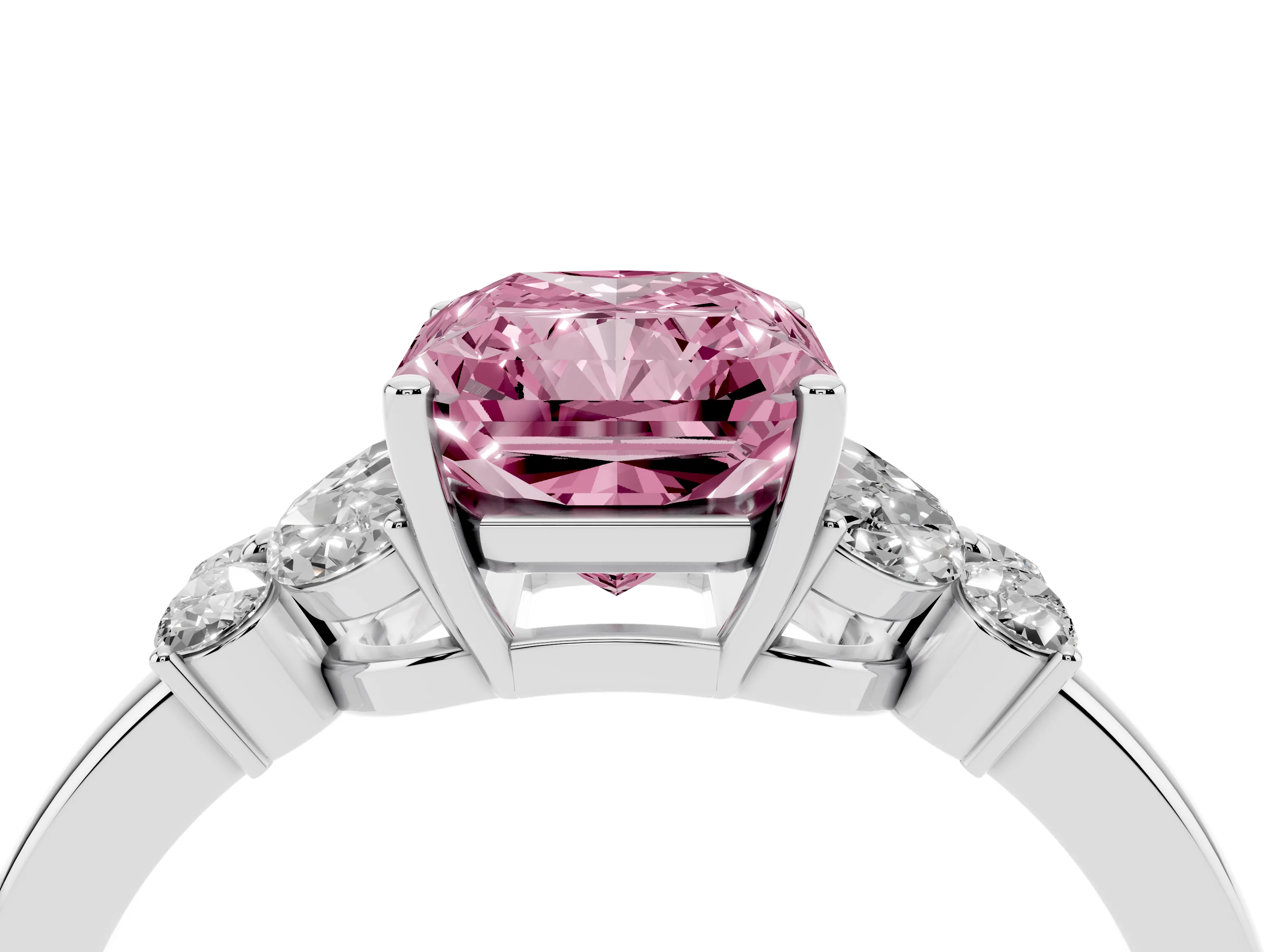 Fancy Pink Radiant Cut Diamond Solitaire Floral Ring Set in White gold with Marquise Petals and Prong Setting