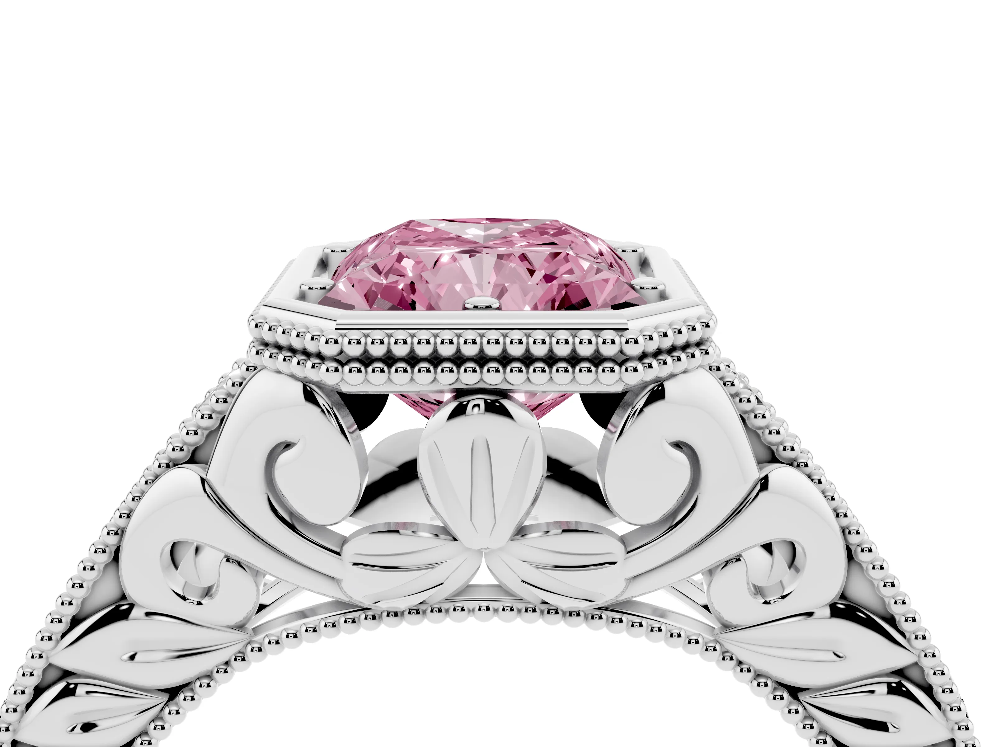 Fancy Pink Bezel Set Radiant Cut Diamond Milgrain Pavé Engagement Ring Set in Silver