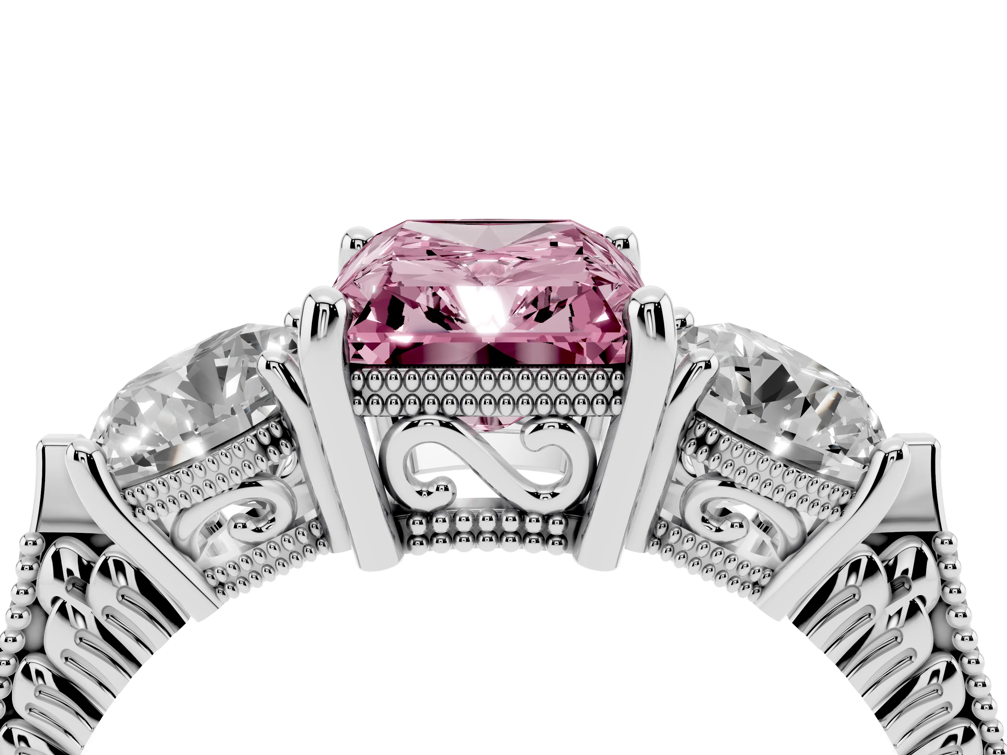 Fancy Pink Radiant Cut Diamond Three-Stone Ring Set in Silver with Milgrain Band