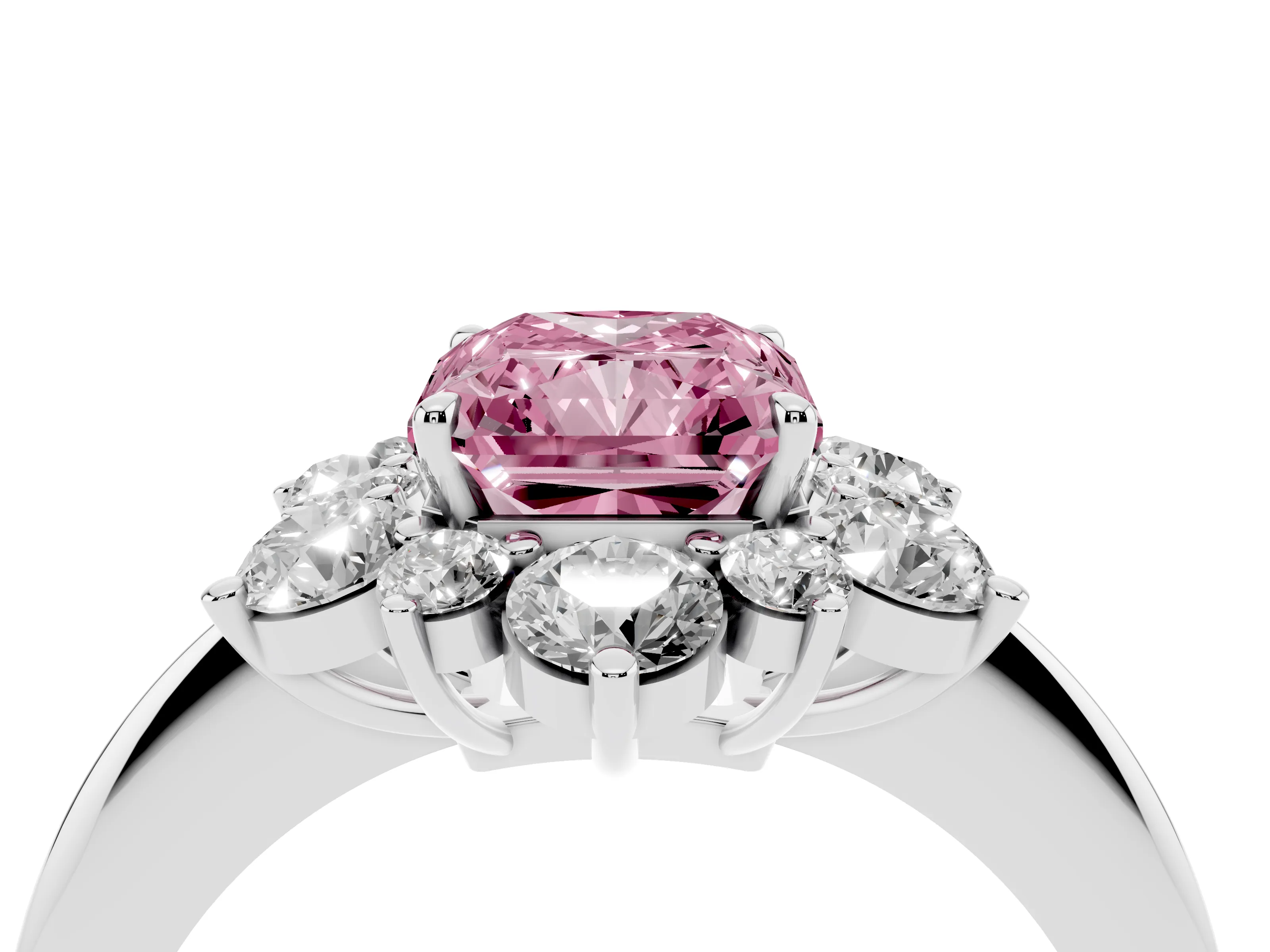 Fancy Pink Radiant Cut Diamond Cluster Halo Ring Set in Silver with Solitaire Band and Prong Setting