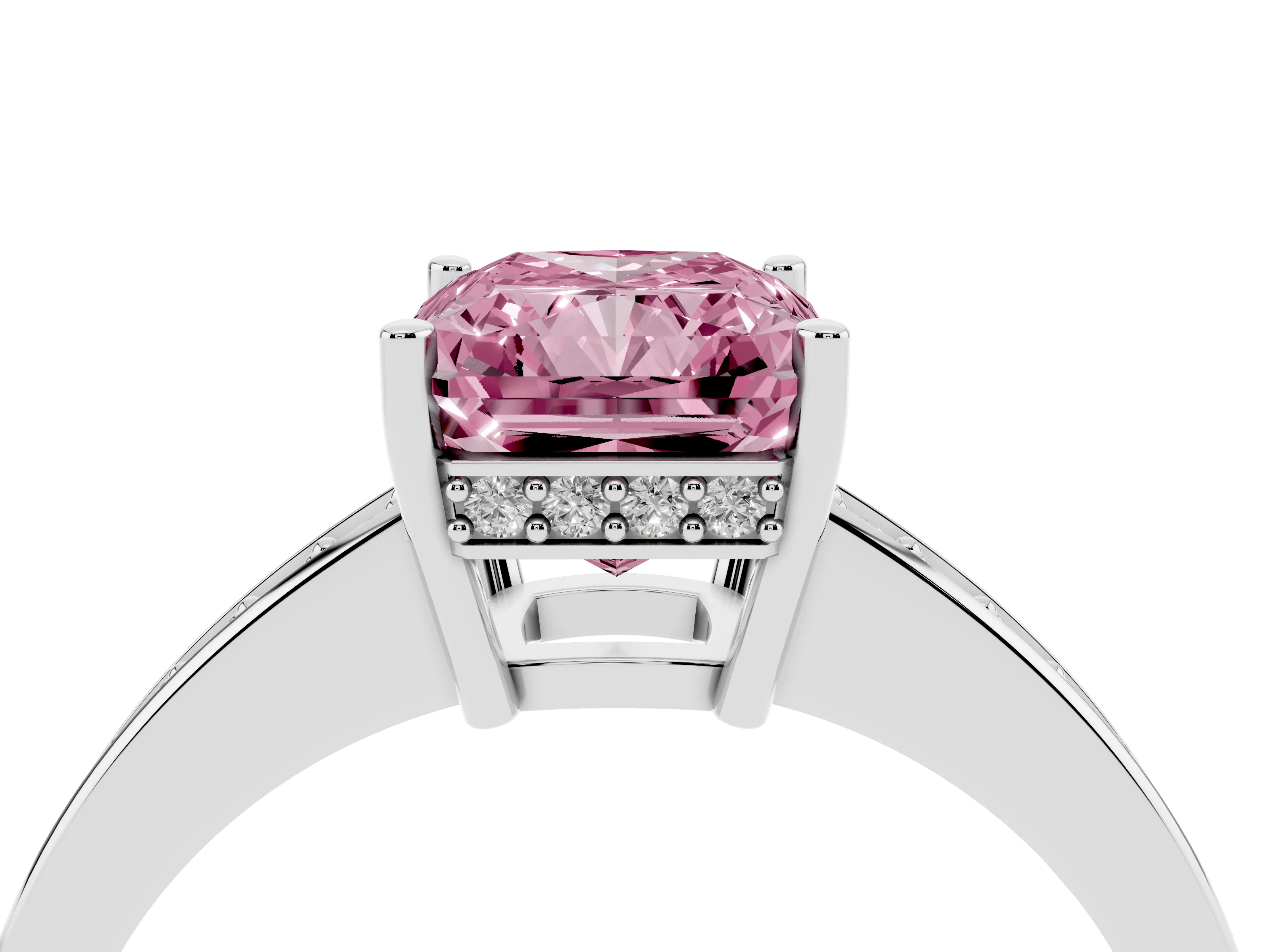 Fancy Pink Radiant Cut Diamond Pavé Band Prong Set Solitaire Ring Set in Silver