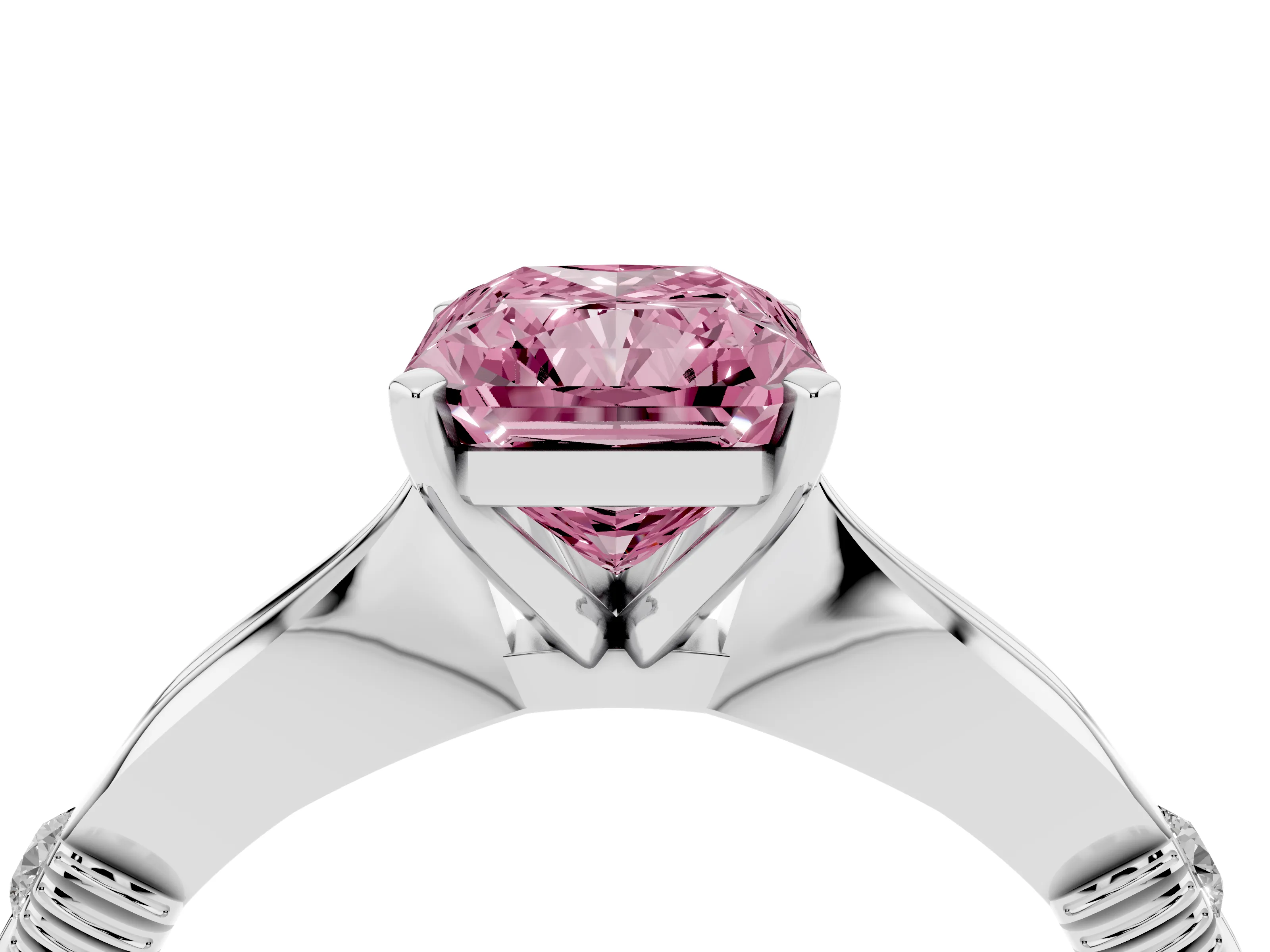 Fancy Pink Radiant Cut Diamond Solitaire Twisted Band Ring Set in Silver with Accent Stones and Prong Setting