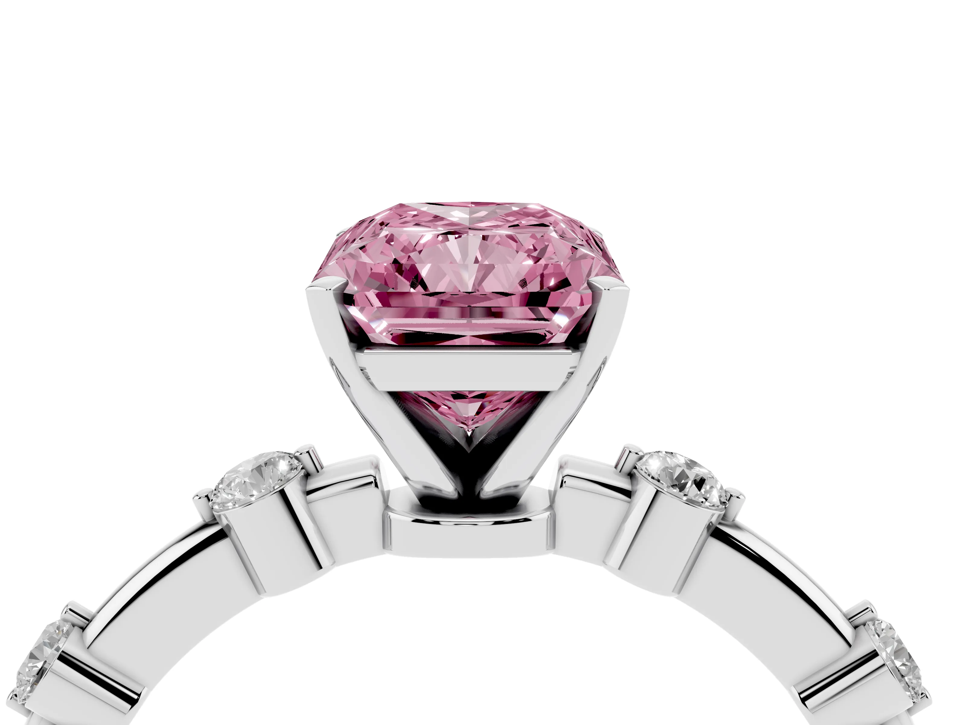 Fancy Pink Radiant Cut Diamond Solitaire Ring Set in Silver with Bezel Set Side Stones and Prong Setting