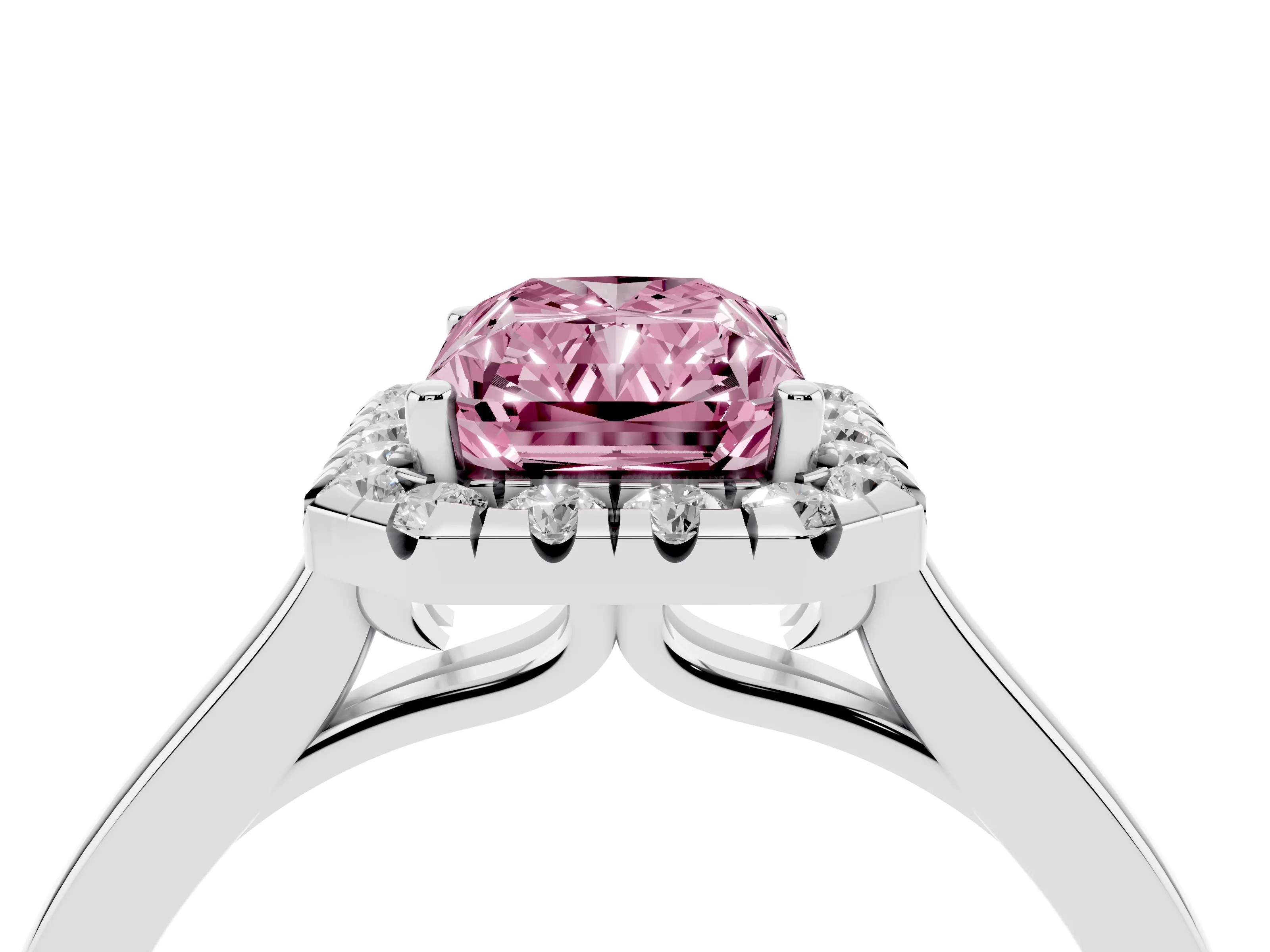 Fancy Pink Radiant Cut Halo Round Diamond Solitaire Ring Set in White gold with Pavé Band and Prong Setting