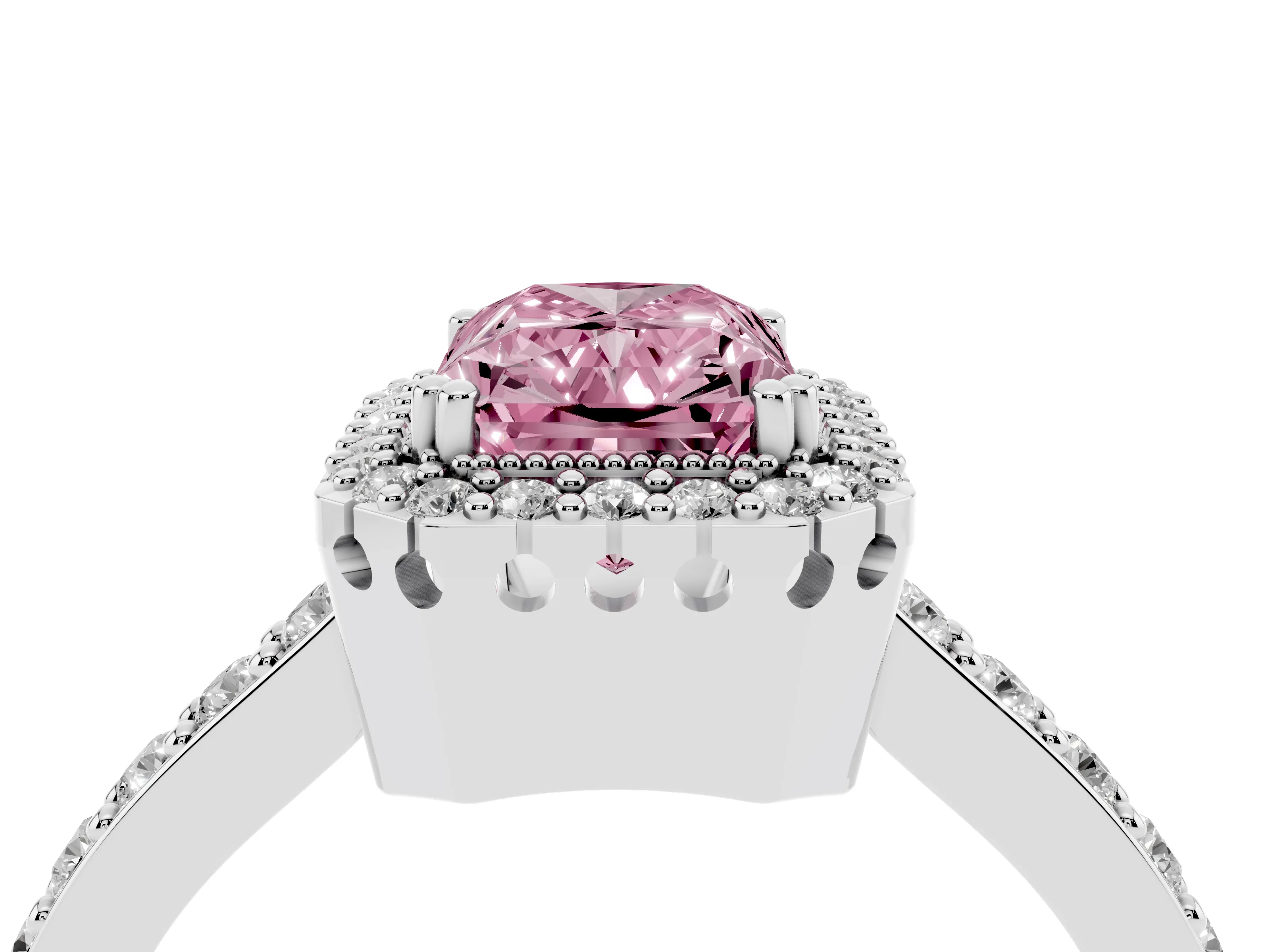 Fancy Pink Radiant Cut Diamond Halo Engagement Ring Set in White gold with Milgrain Detail and Pavé Band