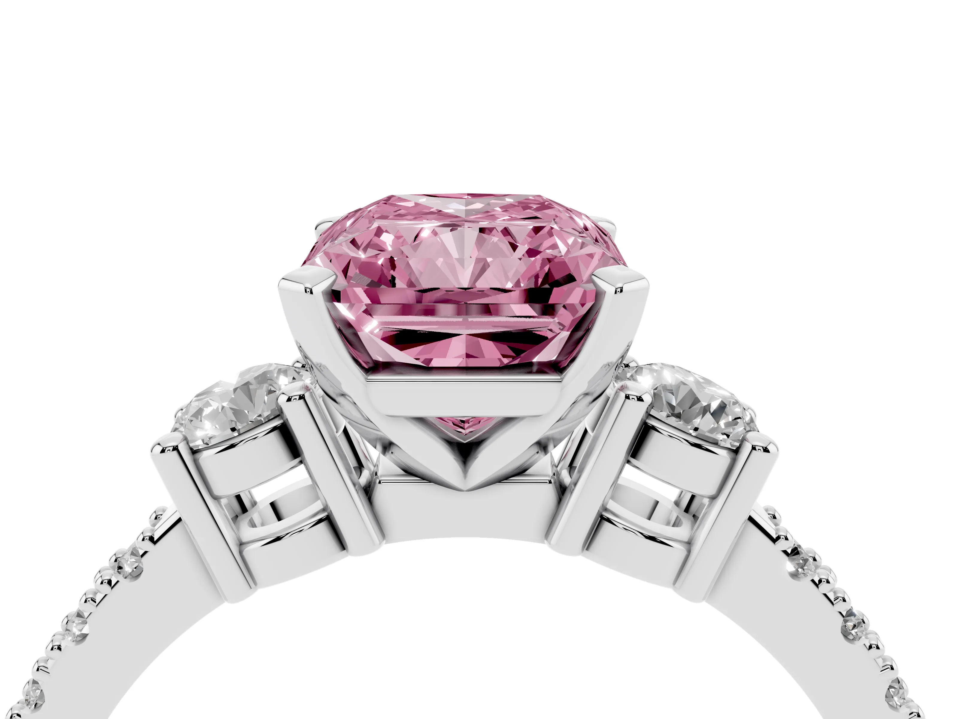 Fancy Pink Three-Stone Radiant Cut Diamond Pavé Band Ring Set in White gold with Prong Setting