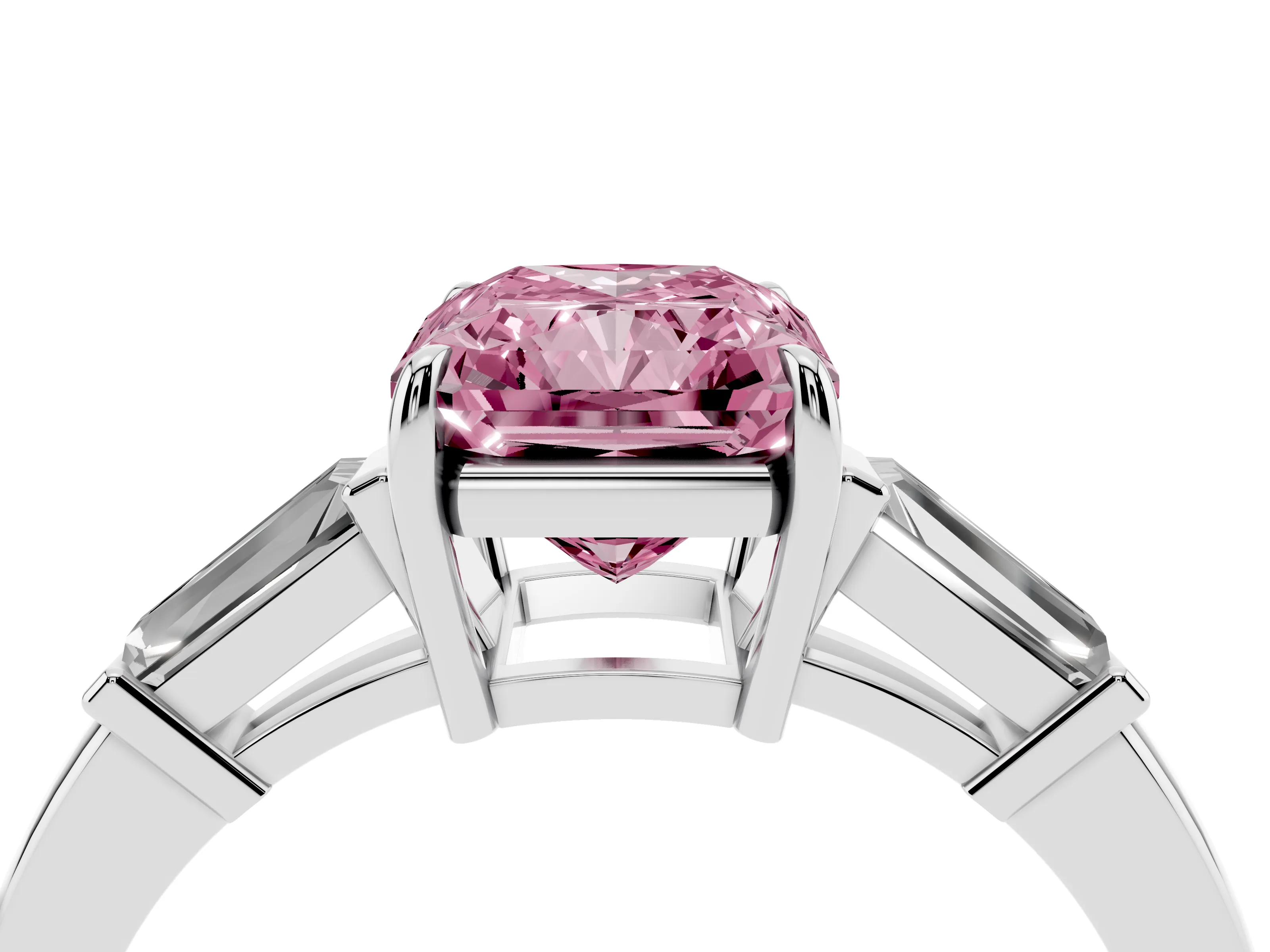 Fancy Pink Radiant Cut Diamond Three-Stone Ring Set in White gold with Tapered Baguette Side Stones and Prong Setting