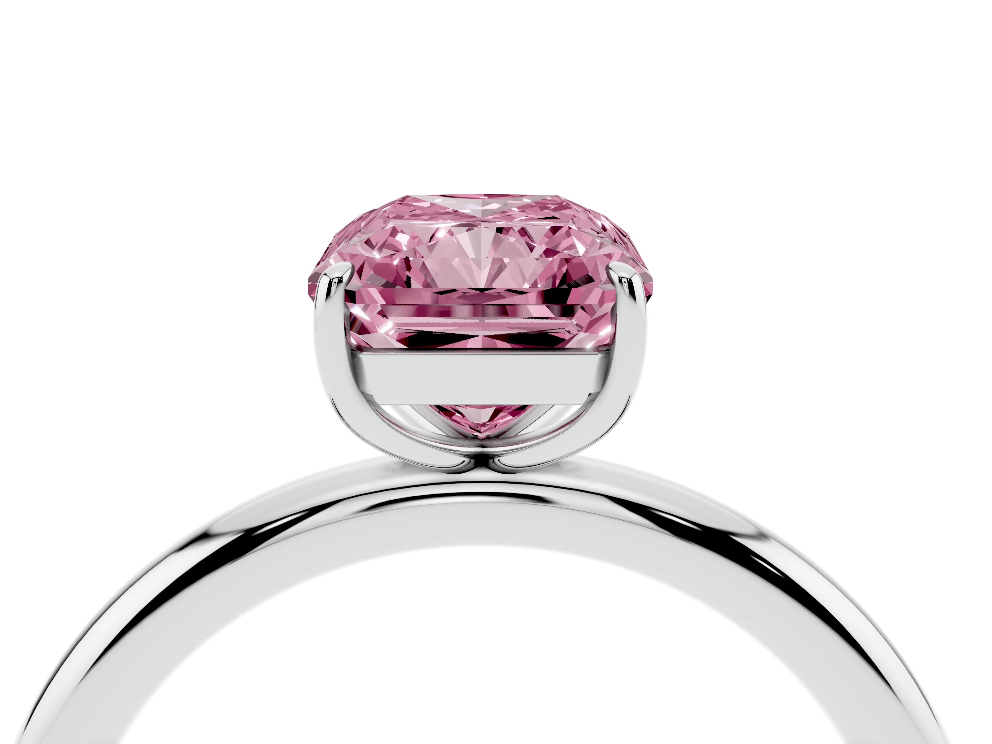 Fancy Pink Radiant Cut Diamond Solitaire Ring Set in White gold with Prong Setting on a Polished Plain Band