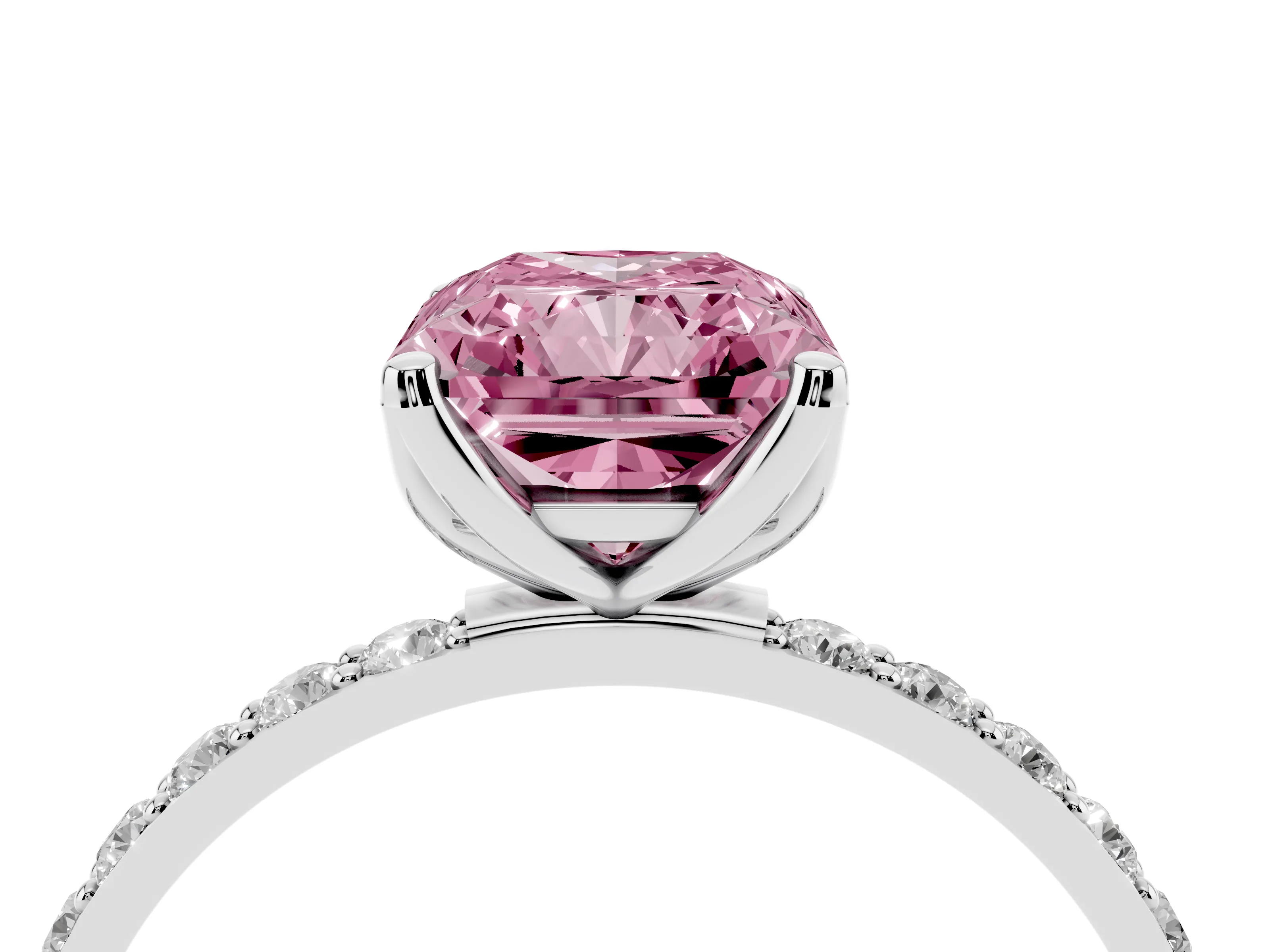 Fancy Pink Radiant Cut Diamond Solitaire Engagement Ring Set in Platinum with Round Pavé Band and Prong Setting