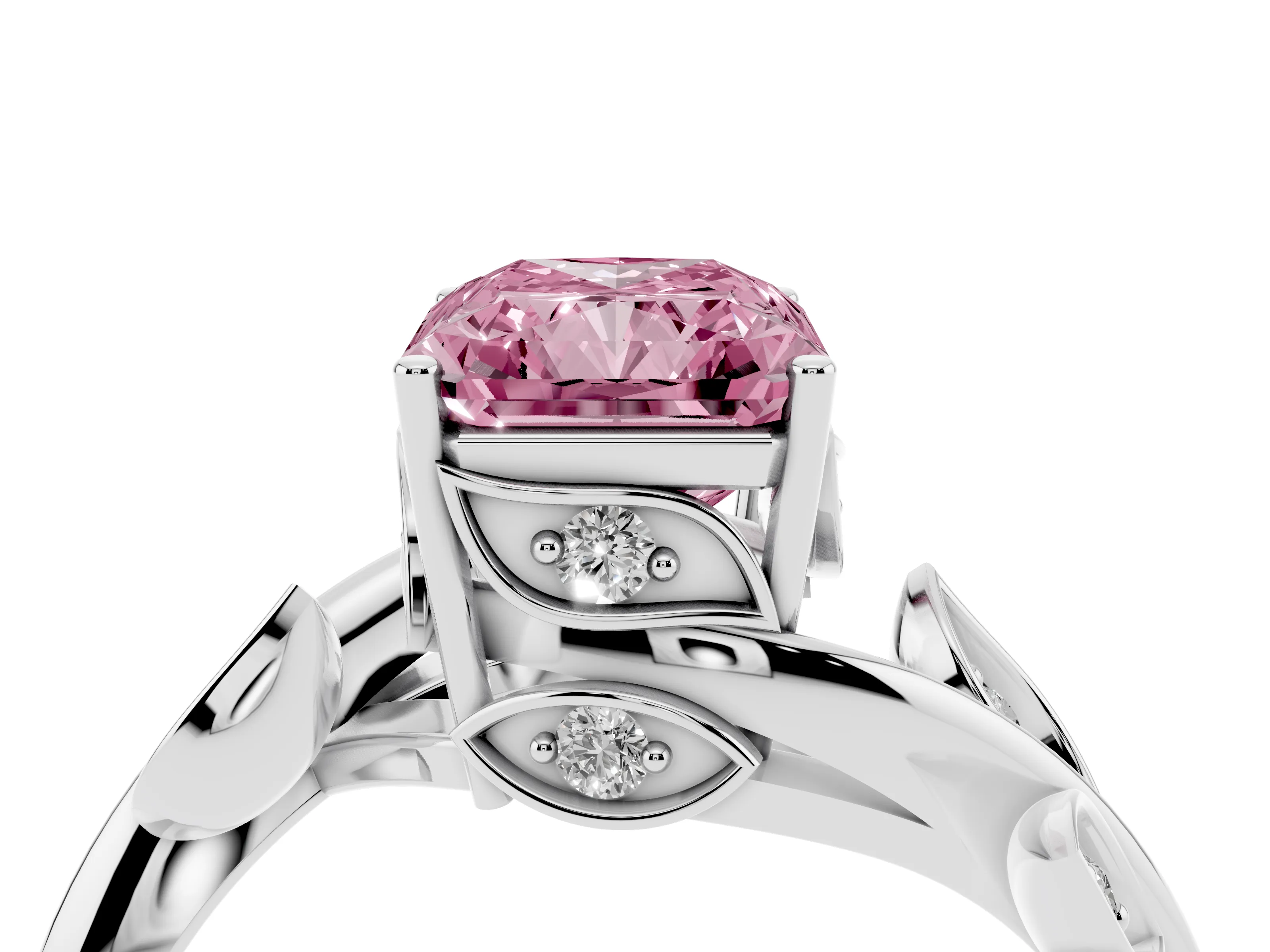 Fancy Pink Radiant Cut Diamond Solitaire Twist Engagement Ring Set in White gold with Pavé Leaf Accents