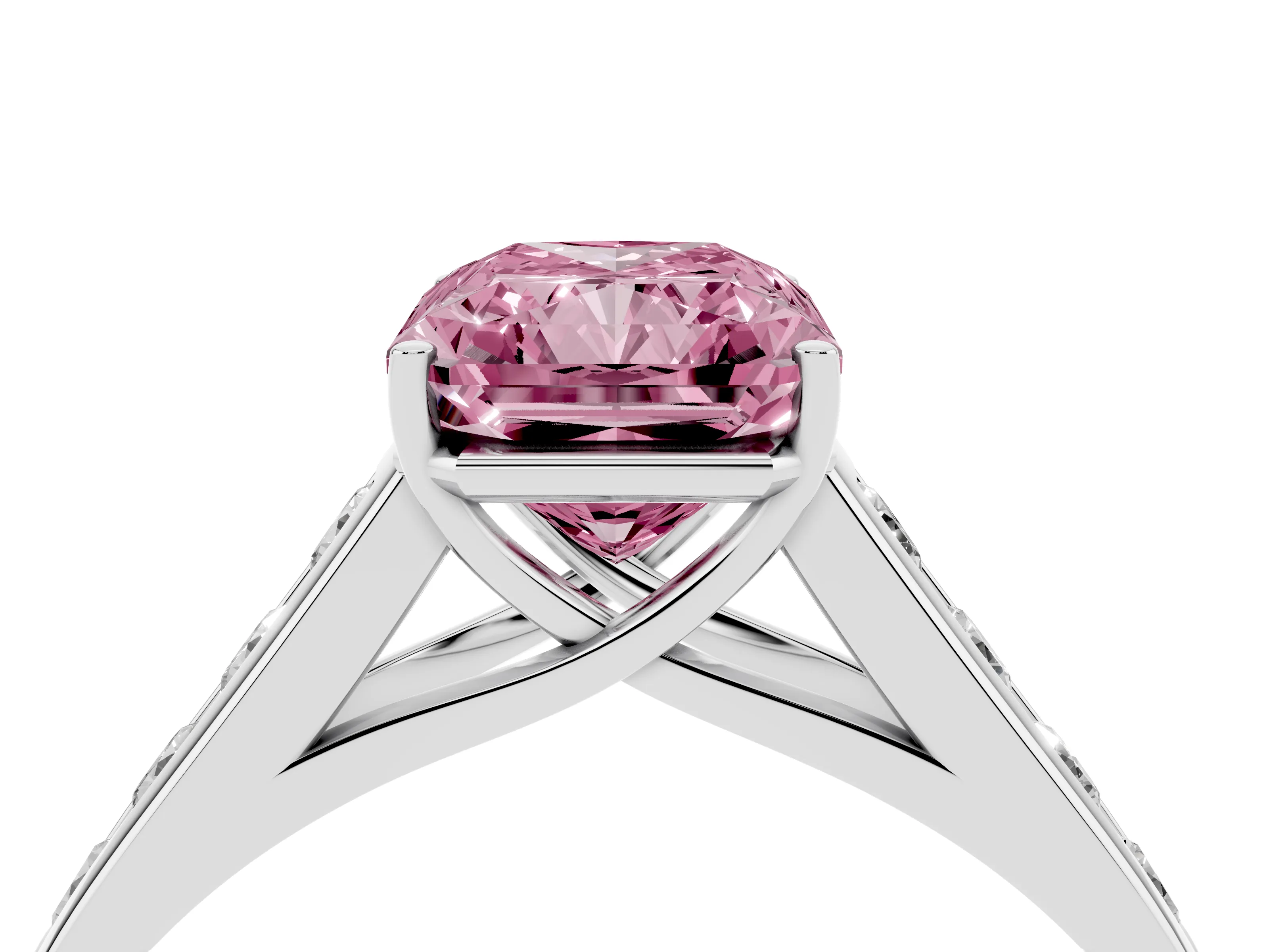 Fancy Pink Radiant Cut Diamond Brilliant Channel-Set Solitaire Ring Set in White gold with Prong Setting