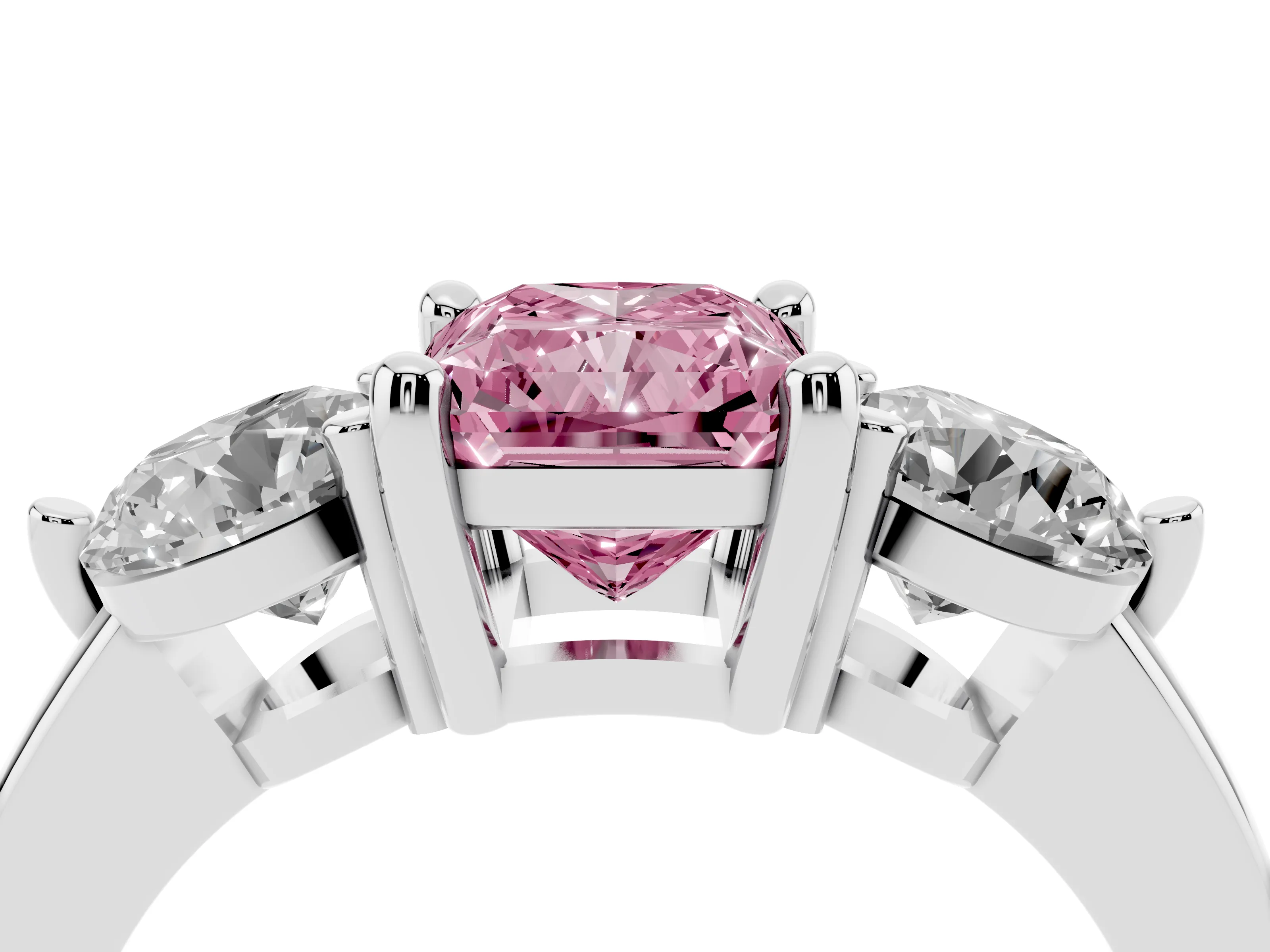 Fancy Pink Radiant Cut Diamond Three-Stone Ring Set in Silver with Prong Setting and Classic Band