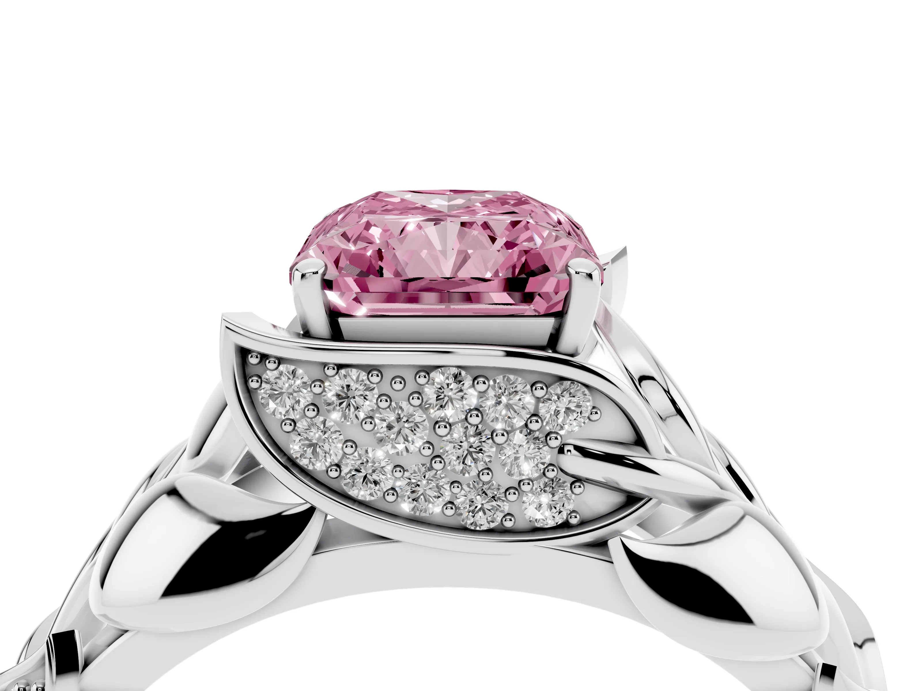 Fancy Pink Radiant Cut Diamond Leaf-Inspired Engagement Ring Set in Silver with Round Accents