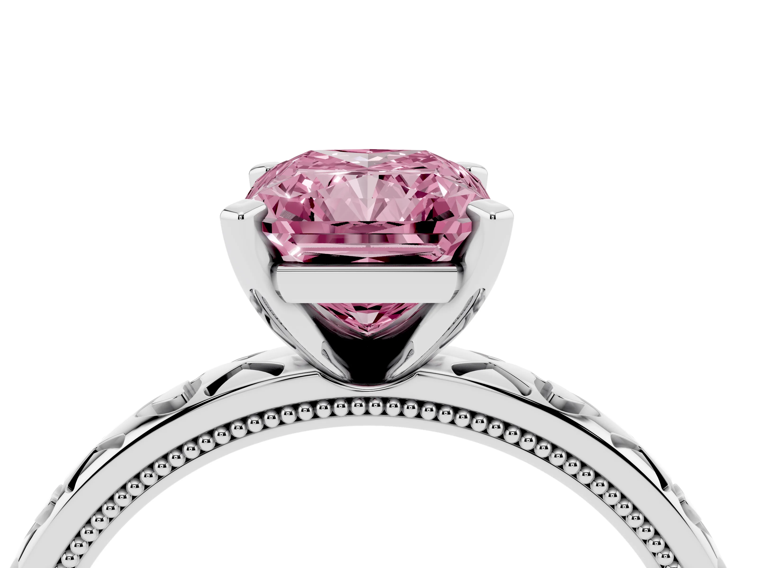 Fancy Pink Radiant Cut Diamond Solitaire Engagement Ring Set in White gold with XO Engraved Band and Prong Setting