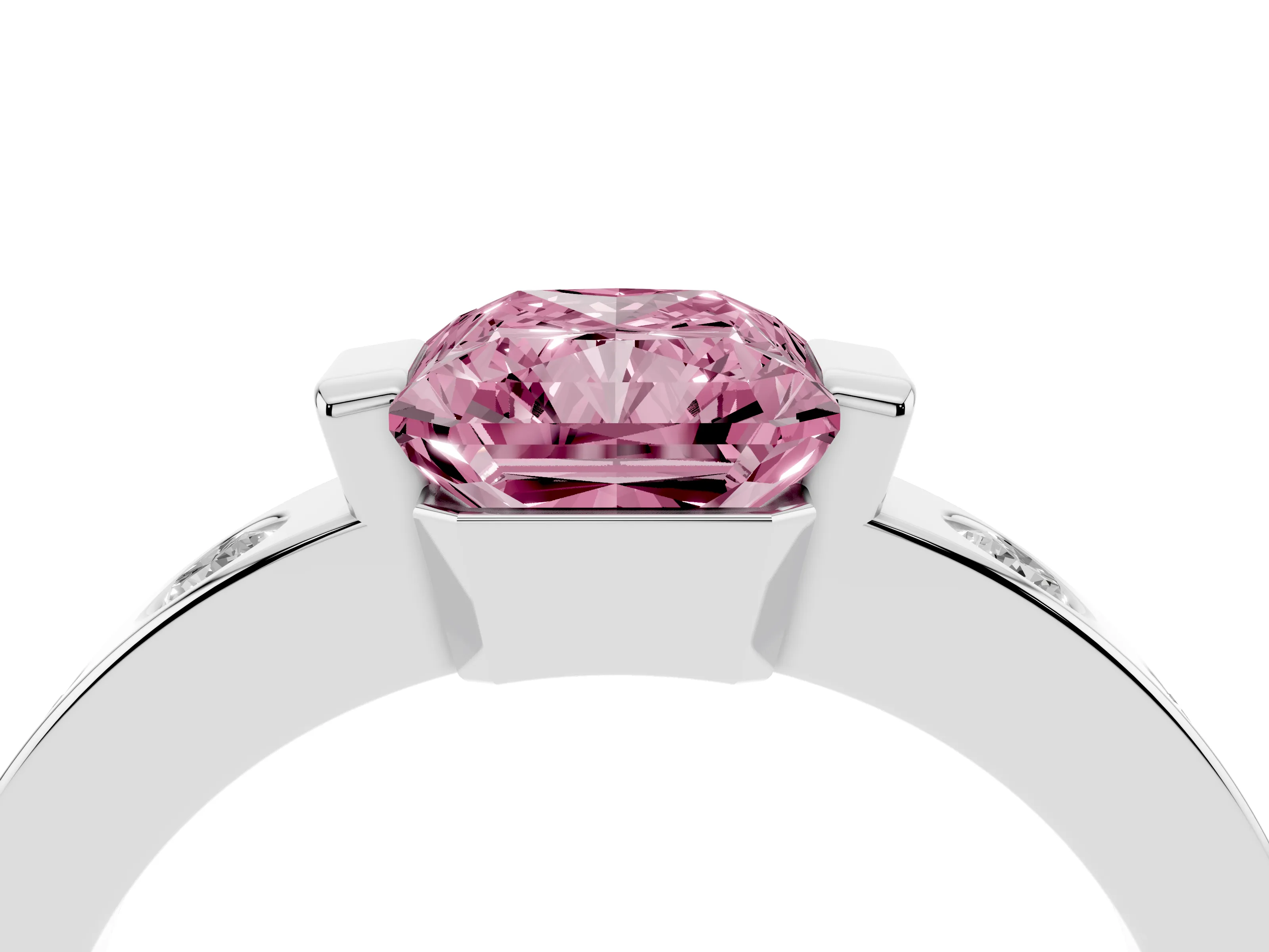 Fancy Pink Radiant Cut Diamond Channel-Set Band Ring Set in Silver with Bezel Prong Setting