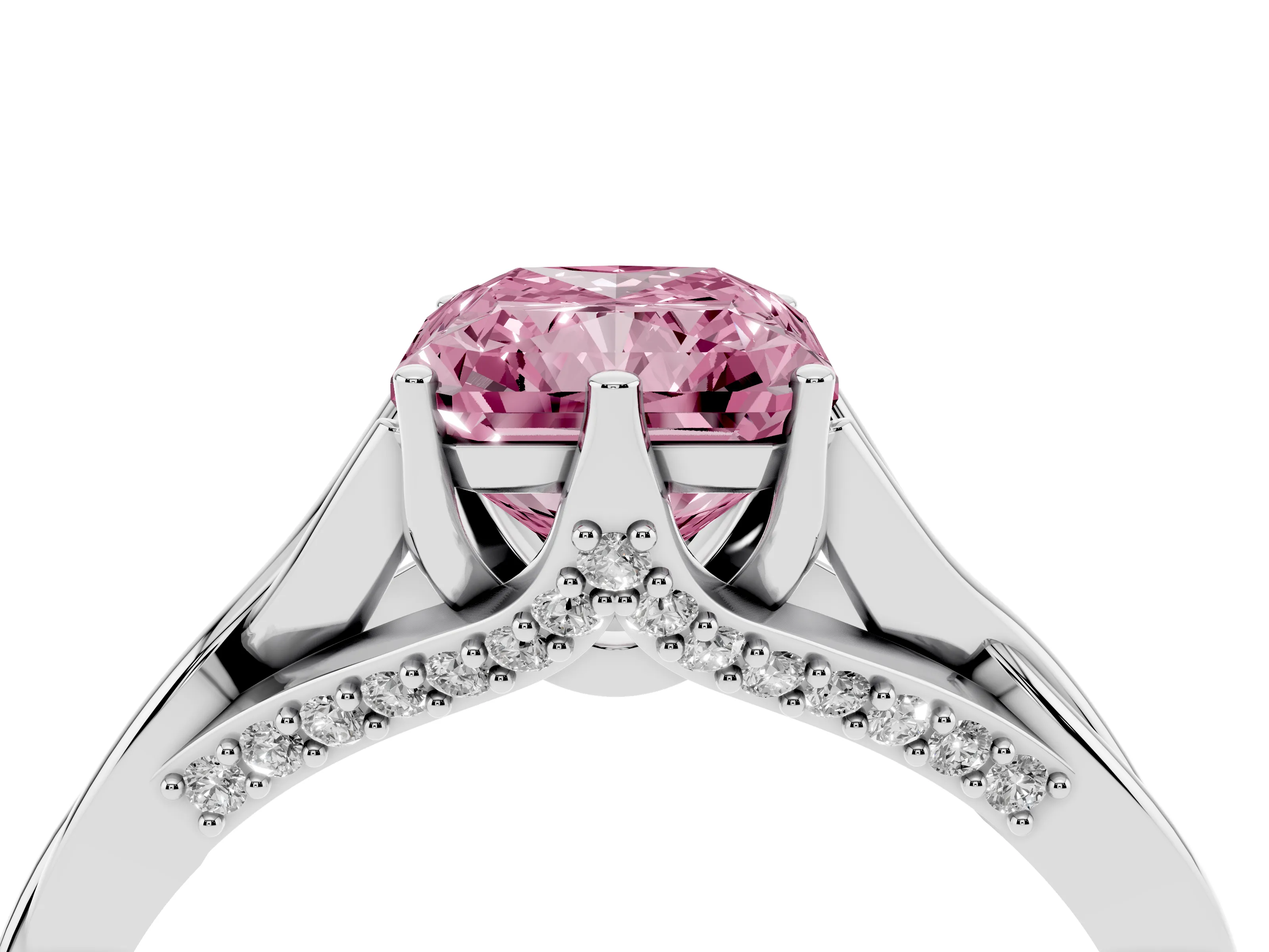 Fancy Pink Radiant Cut Diamond Intertwined Twist Band Solitaire Ring Set in White gold with Prong Setting