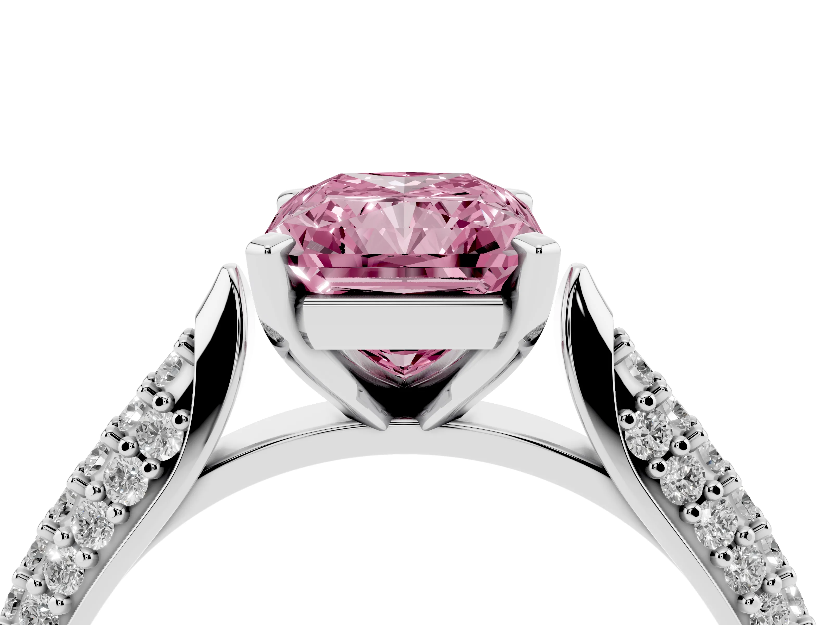 Fancy Pink Radiant Cut Diamond Solitaire Engagement Ring Set in White gold with Multi-Row Round Pavé Band and Prong Setting