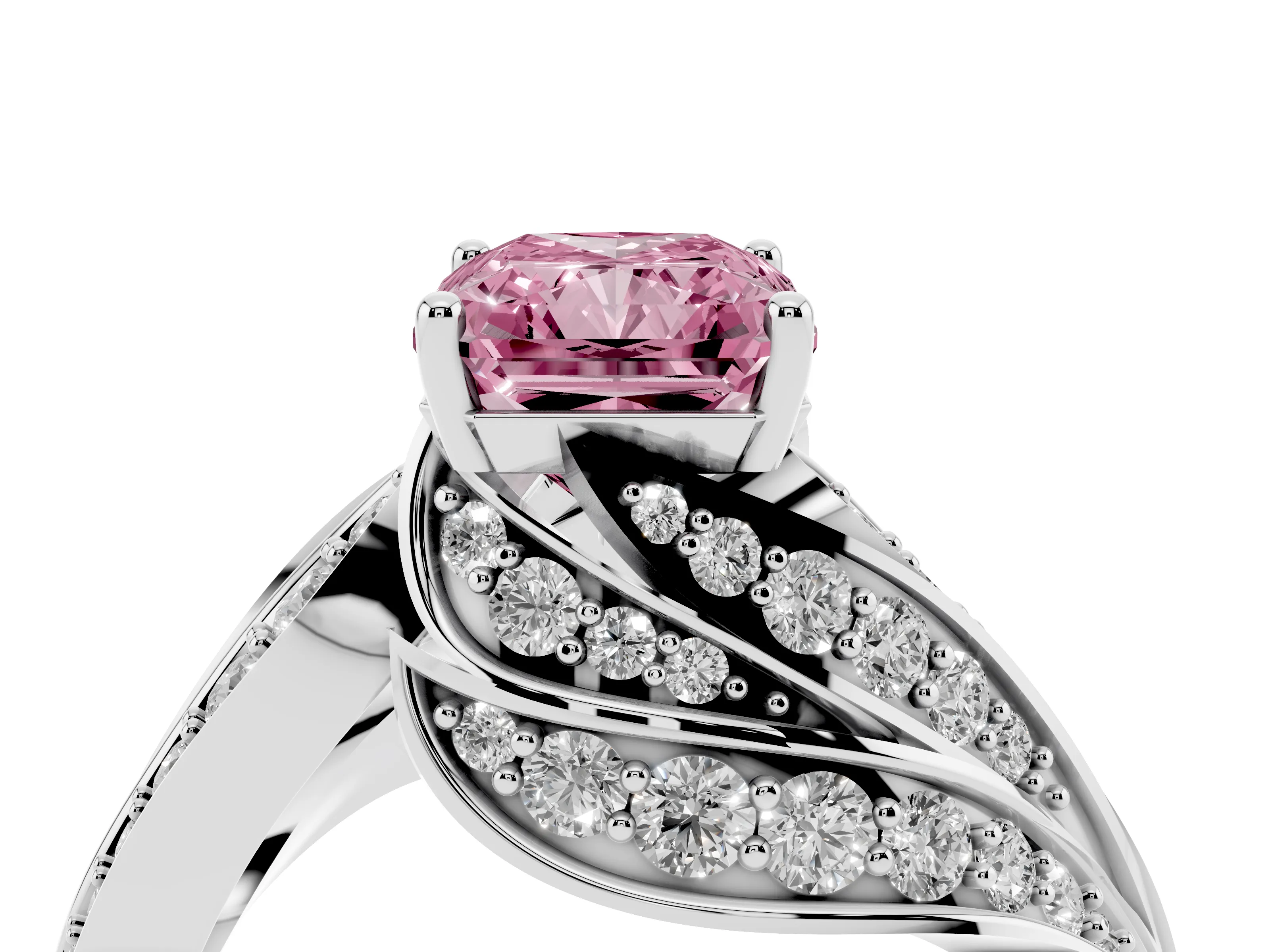 Fancy Pink Radiant Cut Diamond Solitaire Ring Set in Silver with Layered Twist Pavé Band