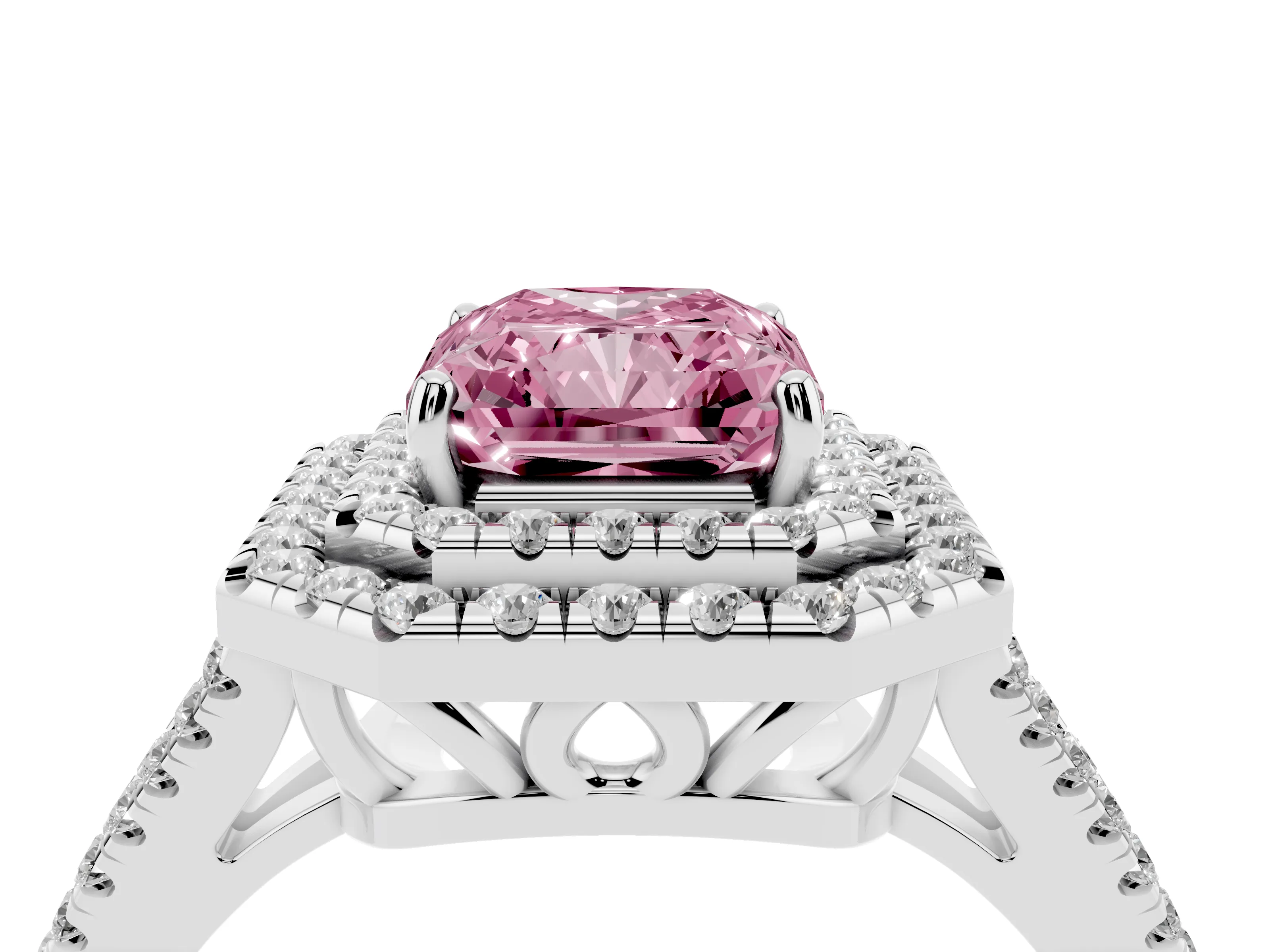 Fancy Pink Radiant Cut Diamond Double Halo Ring Set in White gold with Pavé Band